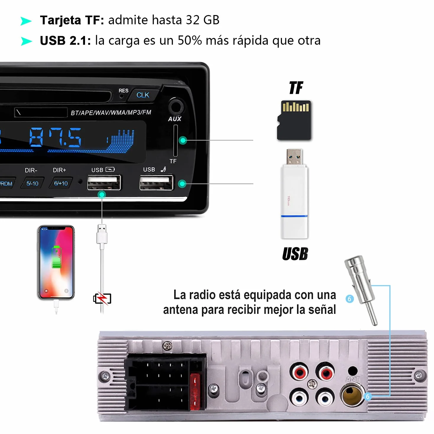 CENXINY Autoradio Bluetooth 5.0 FM Radio Coche Manos Libres Control Remoto Reproductor MP3 USB