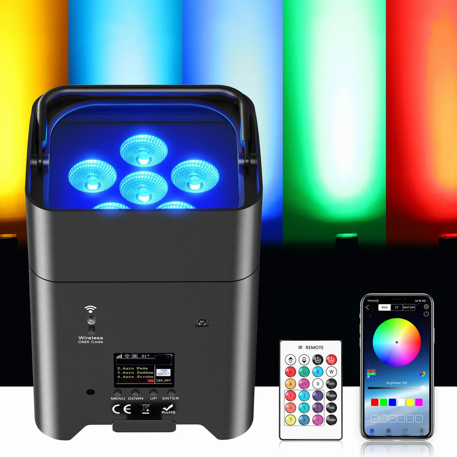 108W par led foco batería recargables, RGBWA+UV 16.7 millones colores luce discoteca con Mando a distancia/APP/DM/IR/2.4GHz Iluminación de escenario para fiesta DJ Bar Boda Cumpleaños