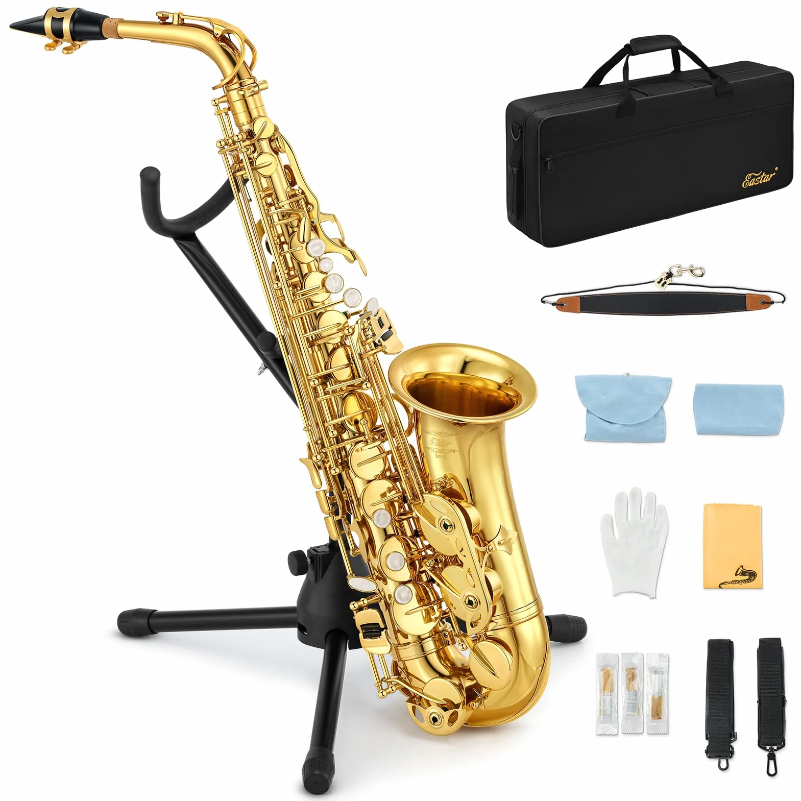 Eastar AS-Ⅱ Student Saxofón Alto E Flat Gold Lacquer Alto Beginner Sax Kit completo con estuche de transporte Boquilla Correas Cañas Soporte
