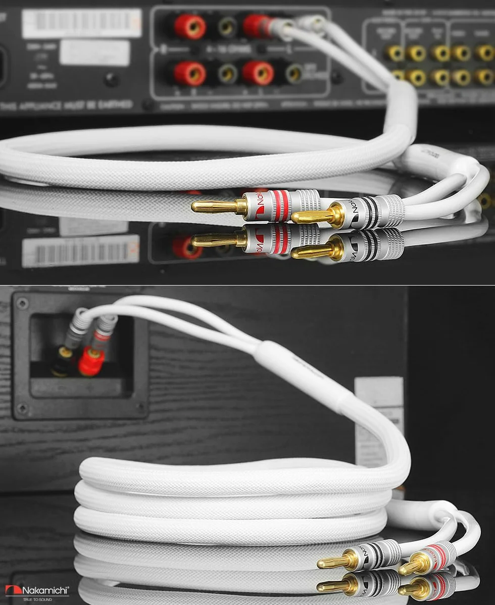 Nakamichi Excel Series Conector tipo banana chapado en oro de 24 quilates con cable de altavoz (6 pies) 99.9% cobre libre de oxígeno (OFC) trenzado resistente - Blanco (12 AWG / 6 pies / 1.8 m)