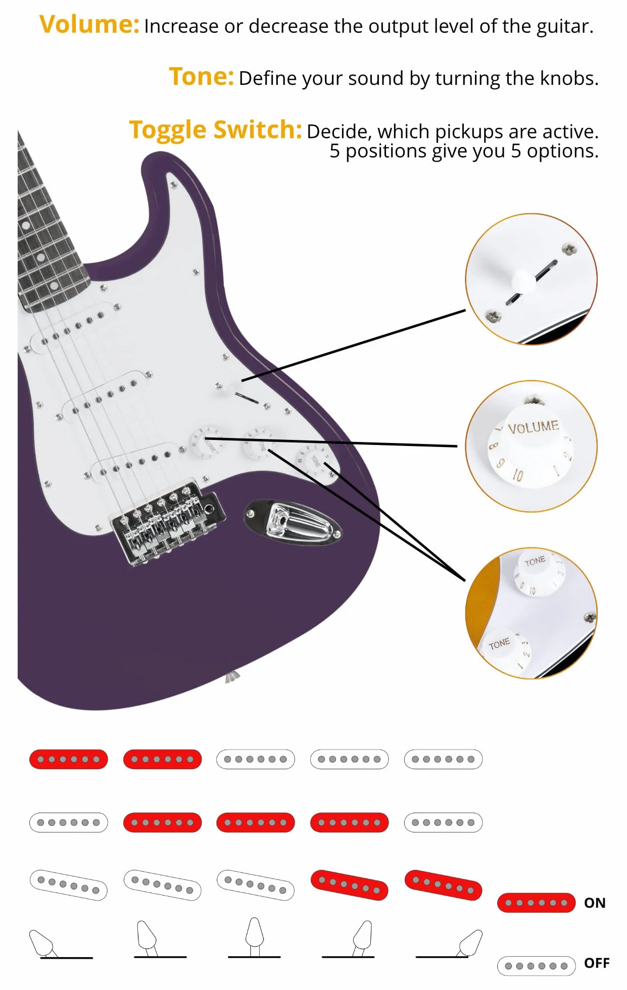 Rocktile ST-Pack Set Completo Guitarra Eléctrica Purple (Amplificador, Afinador, Tremolo, Funda, Cable, Correa, Púas, Cuerdas de Repuesto y Escuela con CD/DVD)