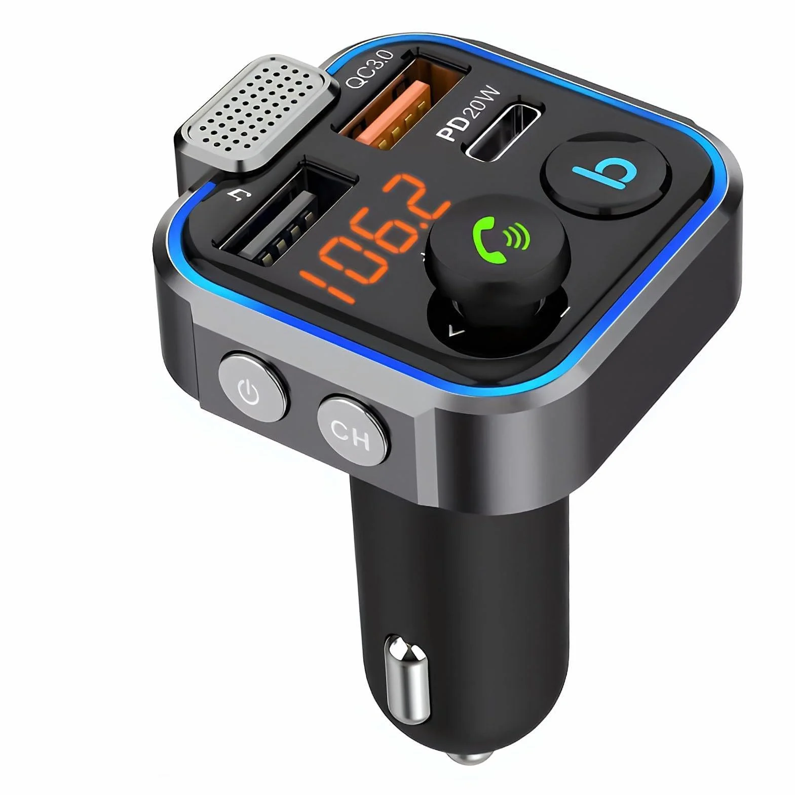 Transmisor FM Bluetooth Coche Adaptador Carga Rápida PD20W QC3.0 Reproductor MP3 USB