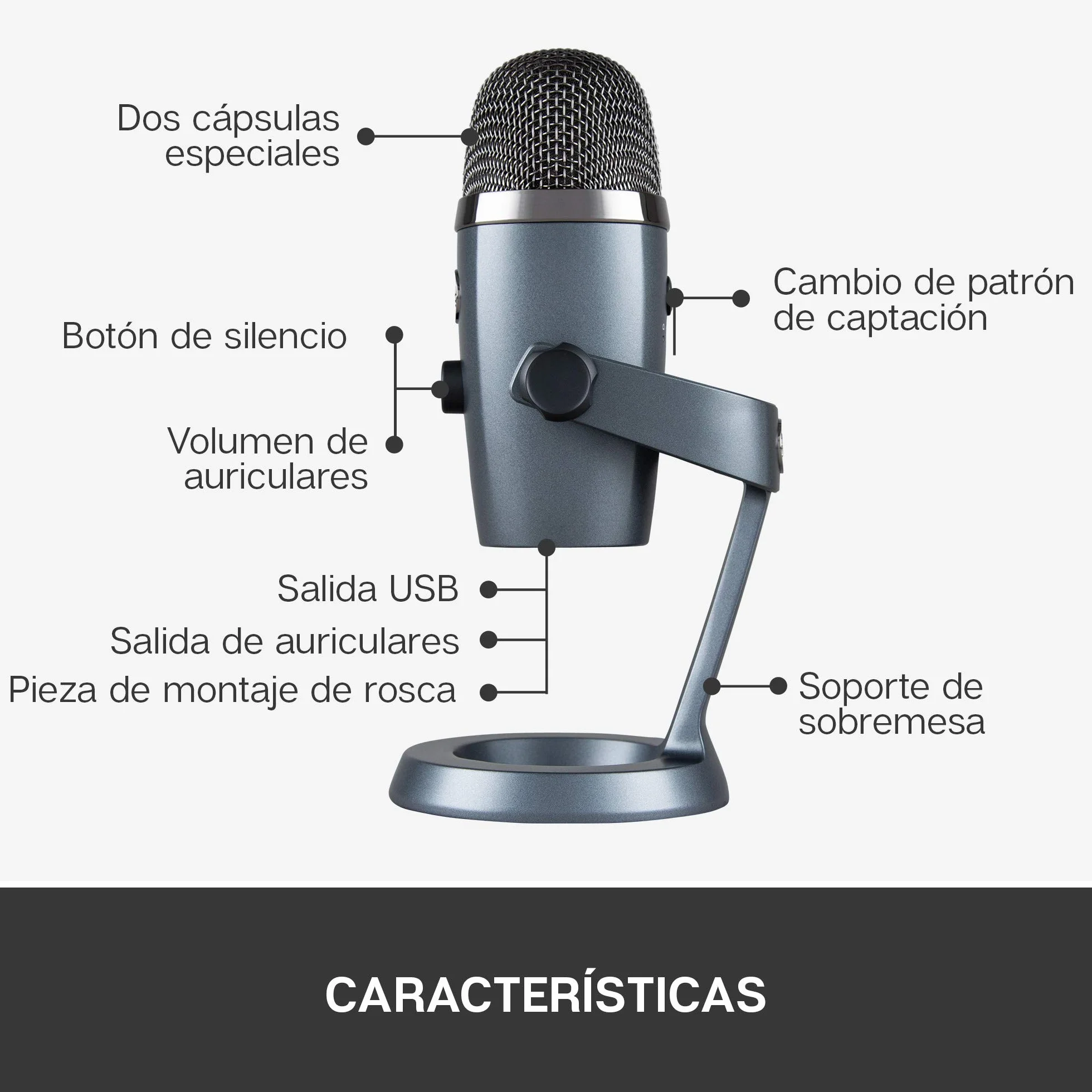 Logitech for Creator Blue Yeti Nano - Micrófono de condensador USB Premium, Grabación, Streaming, Gaming, Podcasting, PC, Mac, Efectos Blue VO!CE, Cardioide y Omnidireccional, Sin Latencia, Gris