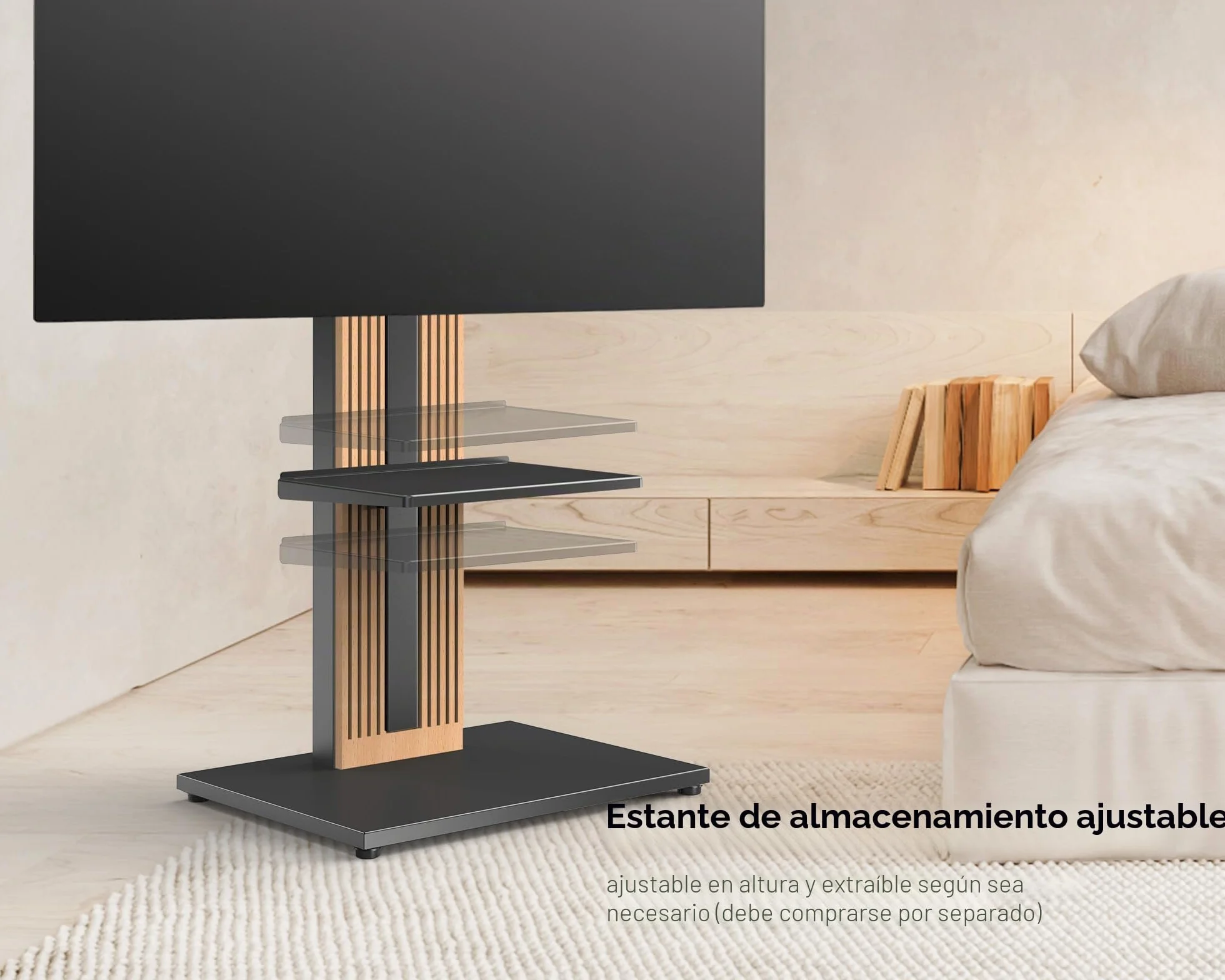 FITUEYES Soporte TV Pie de 32-65 Pulgadas Soporte TV Suelo de Madera de Haya Pie Altura Ajustable y Giro