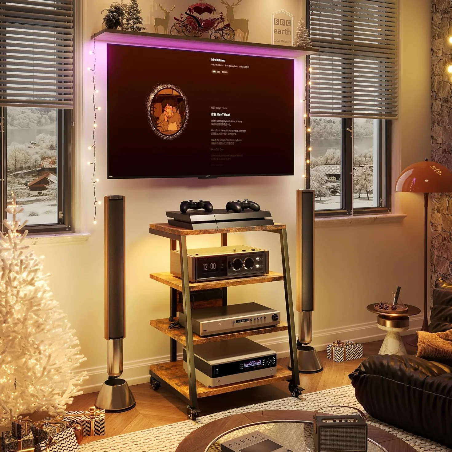 Mueble HiFi con 4 estantes de madera, soporte para mueble de cadena HiFi para platino, vinilo, mueble de audio, vídeo, giro disco/TV estéreo/reproductor de DVD, altura ajustable, capacidad de carga 50