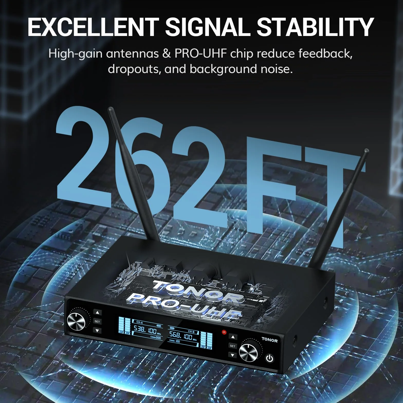 TONOR Sistema de Micrófono Inalámbrico, Micrófono Profesional Recargable, Micrófono Dinámico Inalámbrico de Metal UHF 2x100 para KaraokeIglesia, Canto, Bodas, Reuniones, DJ, Auto Scan, 80 M, TW550