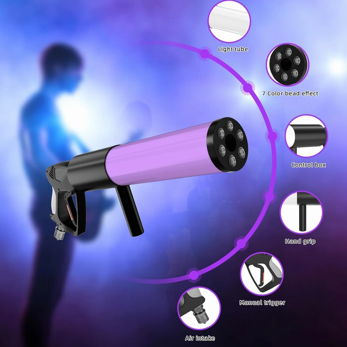 Pistola de humo CO2, máquina de humo para noche, 6 LED RGB Beads, para bar, noche, espectáculo musical, Halloween, Navidad