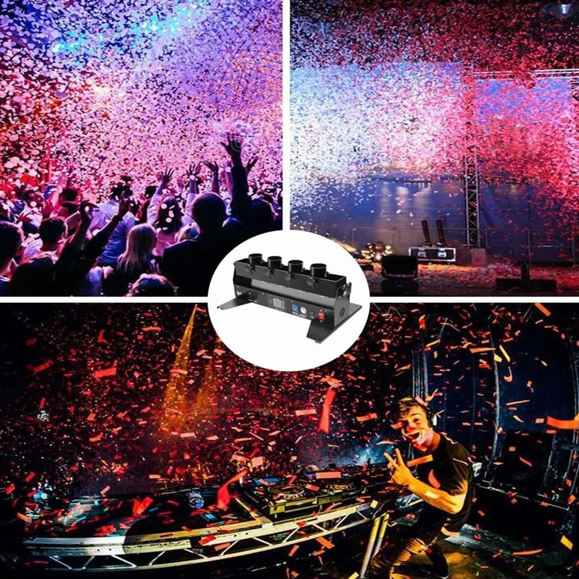 Máquina lanzadora de confeti profesional, DMX512 y máquina de chorro de confeti con control remoto, máquina de confeti de 4 cabezales para bodas, fiestas, bares, ceremonias, rotación de 180°
