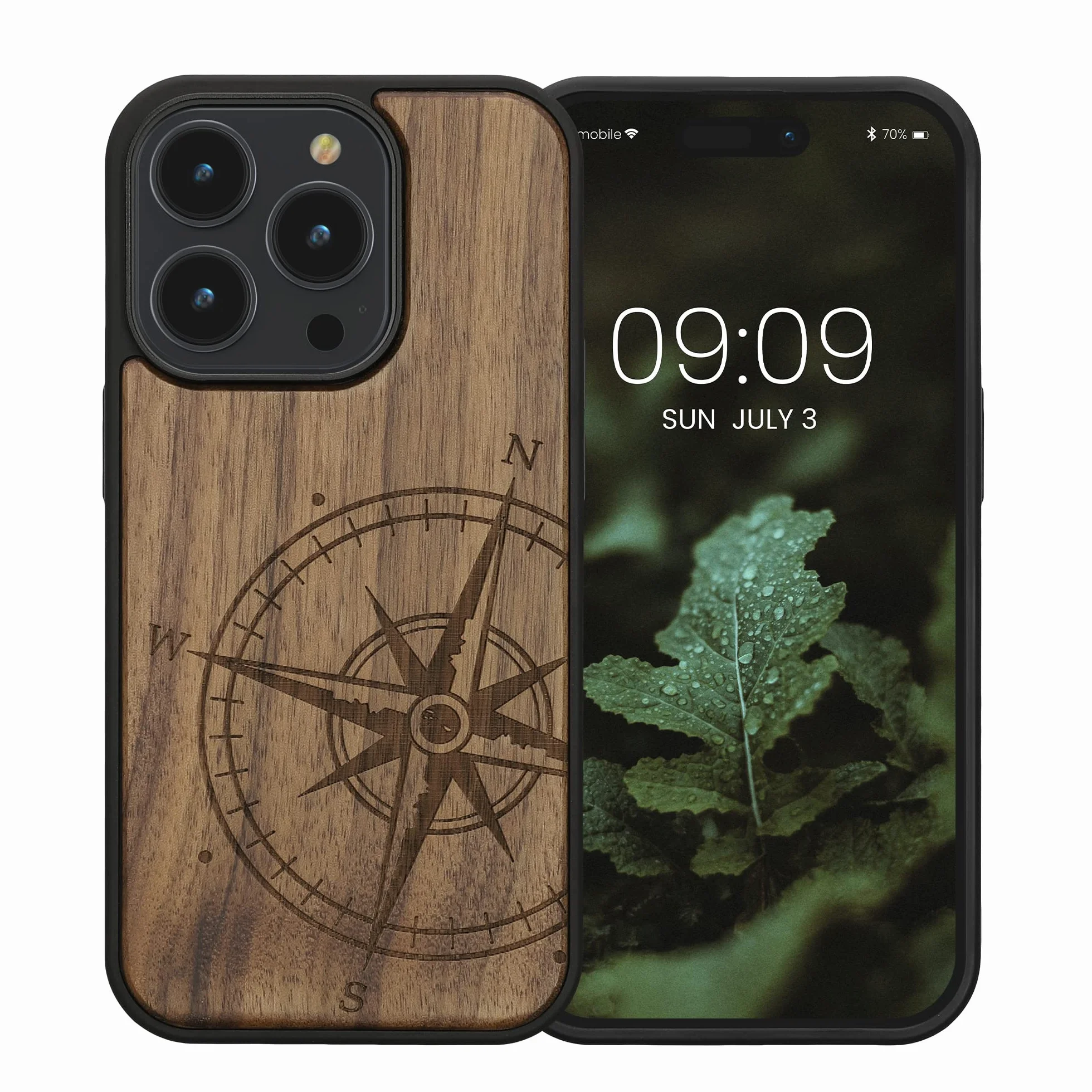 kwmobile Funda para Apple iPhone 14 Pro - Carcasa de Madera con Bumper Antigolpes y Aguja Magnética