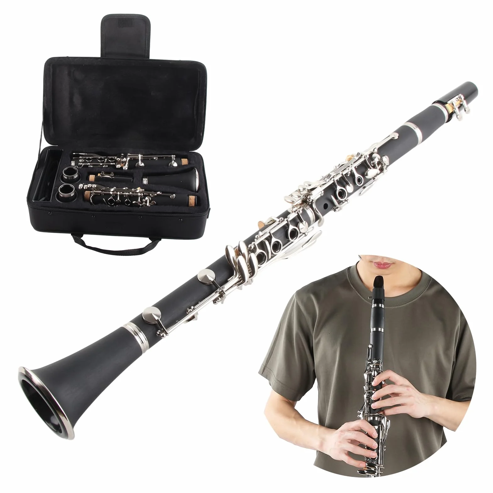 Clarinete de baquelita de 17 teclas Sib Tune con pa?o de limpieza Caja de destornillador de resorte Instrumentos de Viento Madera Instrumentos de Viento