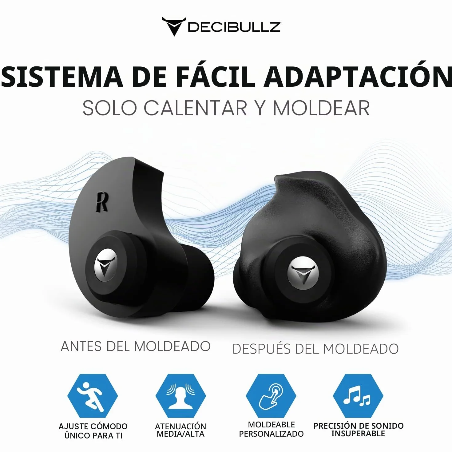 Decibullz Filtros de ruido moldeables profesionales con tecnología de filtración acústica profesional, perfectos para músicos, grabadores y asistentes a conciertos
