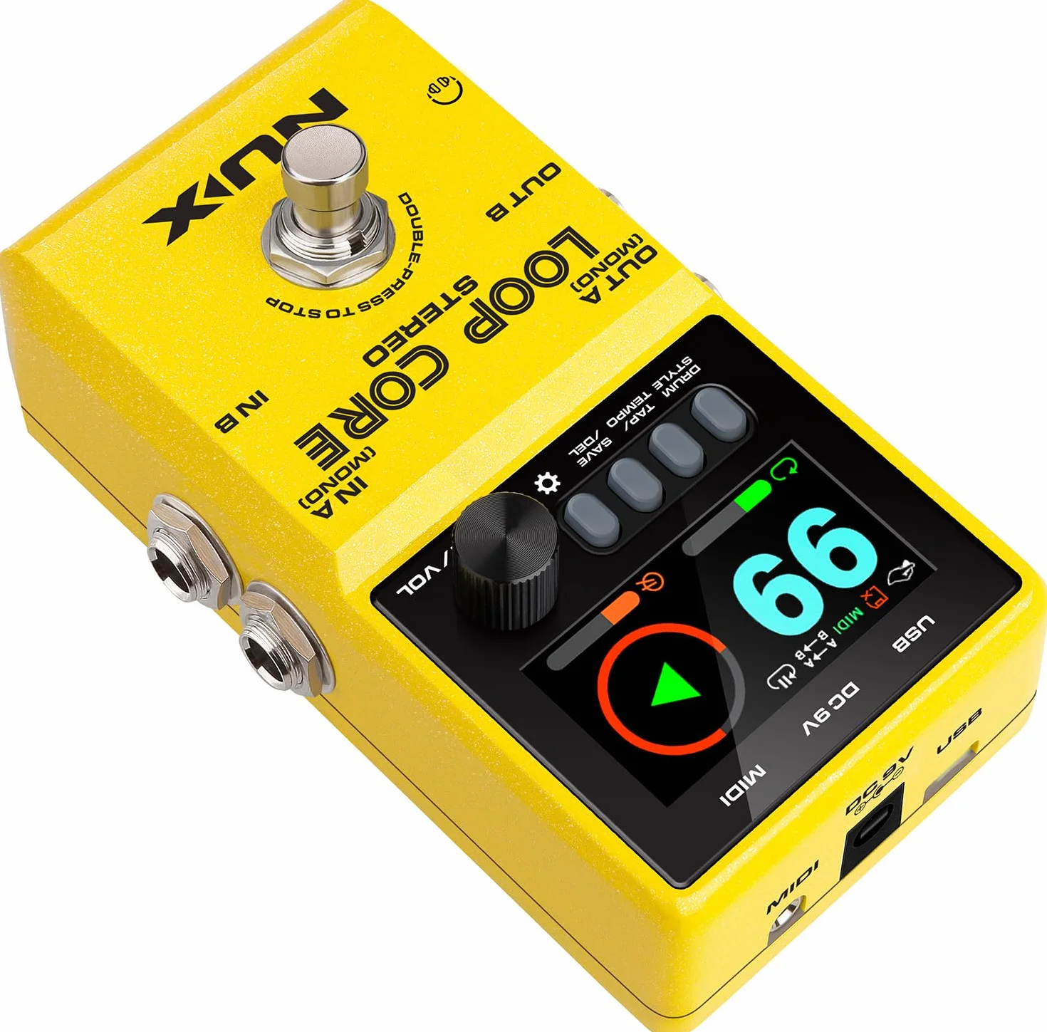 Pedal estéreo NU-X Loop Core | Looper de alta definición con 99 ranuras de guardado, entradas/salidas estéreo, control MIDI y máquina de tambor integrada