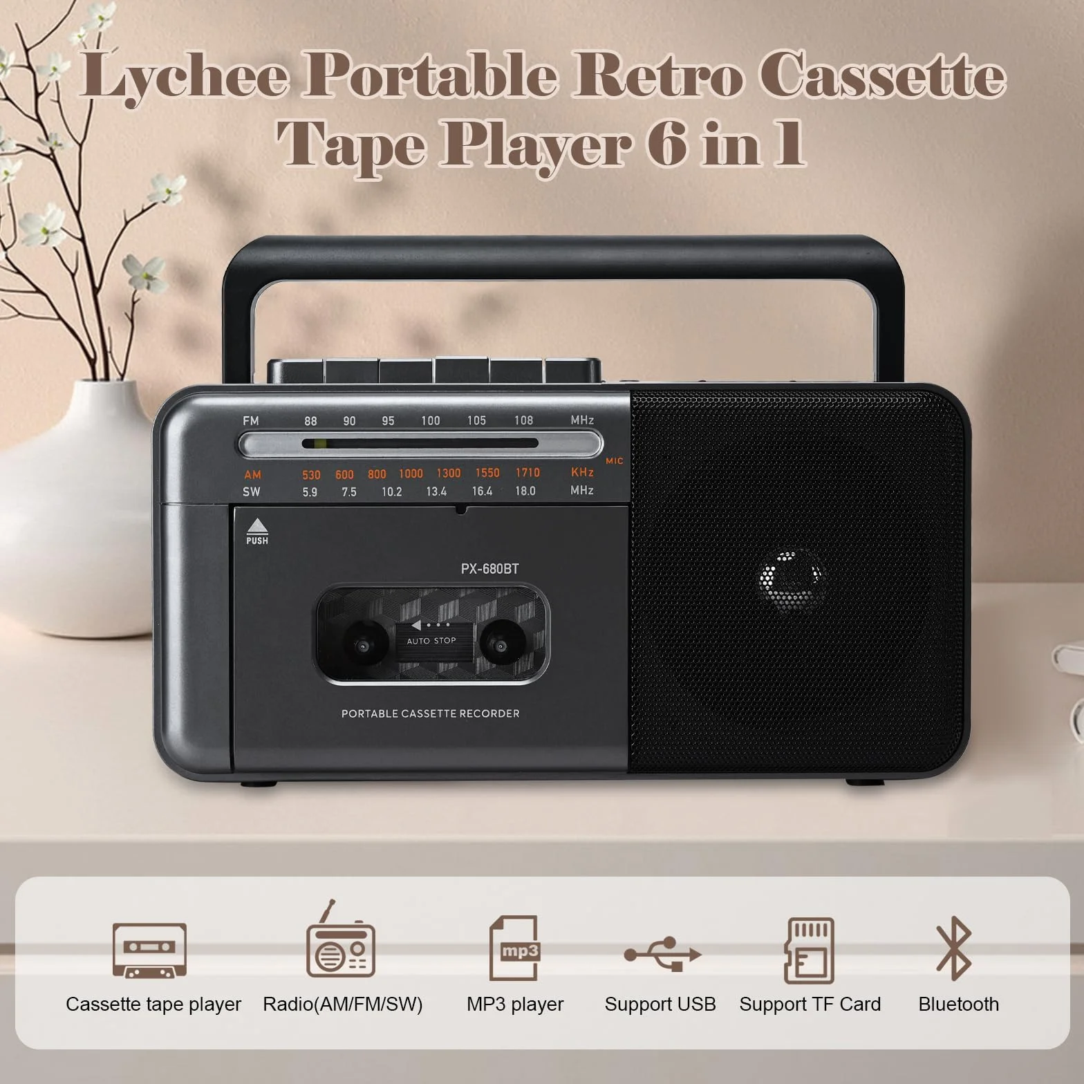 Lychee Grabadora de cinta portátil AM/FM/SW con altavoz integrado, compatible con TF/USB, gris