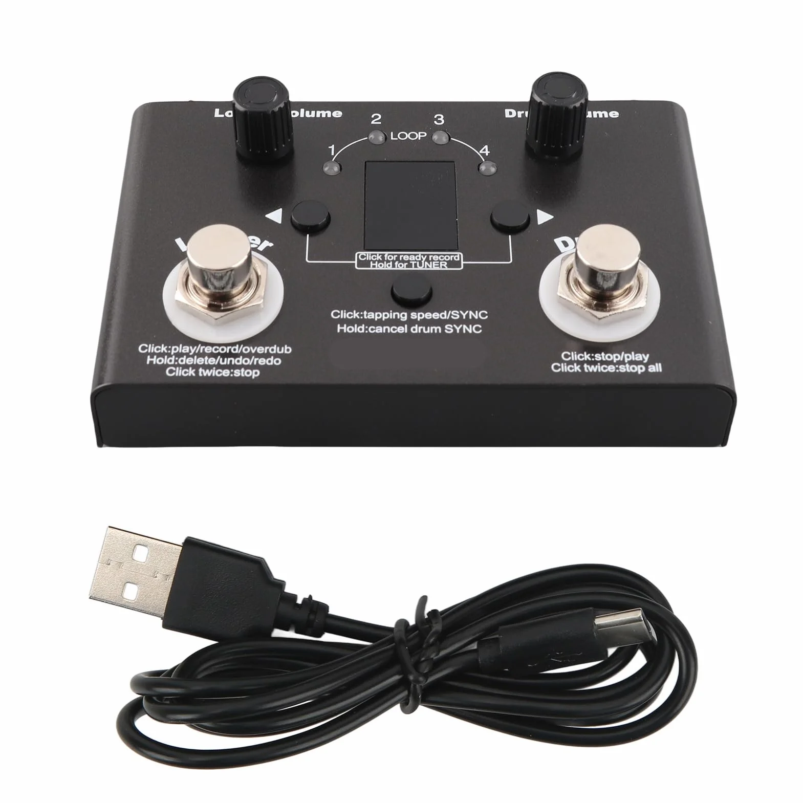 Drum Looper Pedal Professional Metal 4 Ubicaciones de Almacenamiento 11 Minutos Tiempo de Grabación con Sintonizador Incorporado para Guitarristas y Músicos Negros