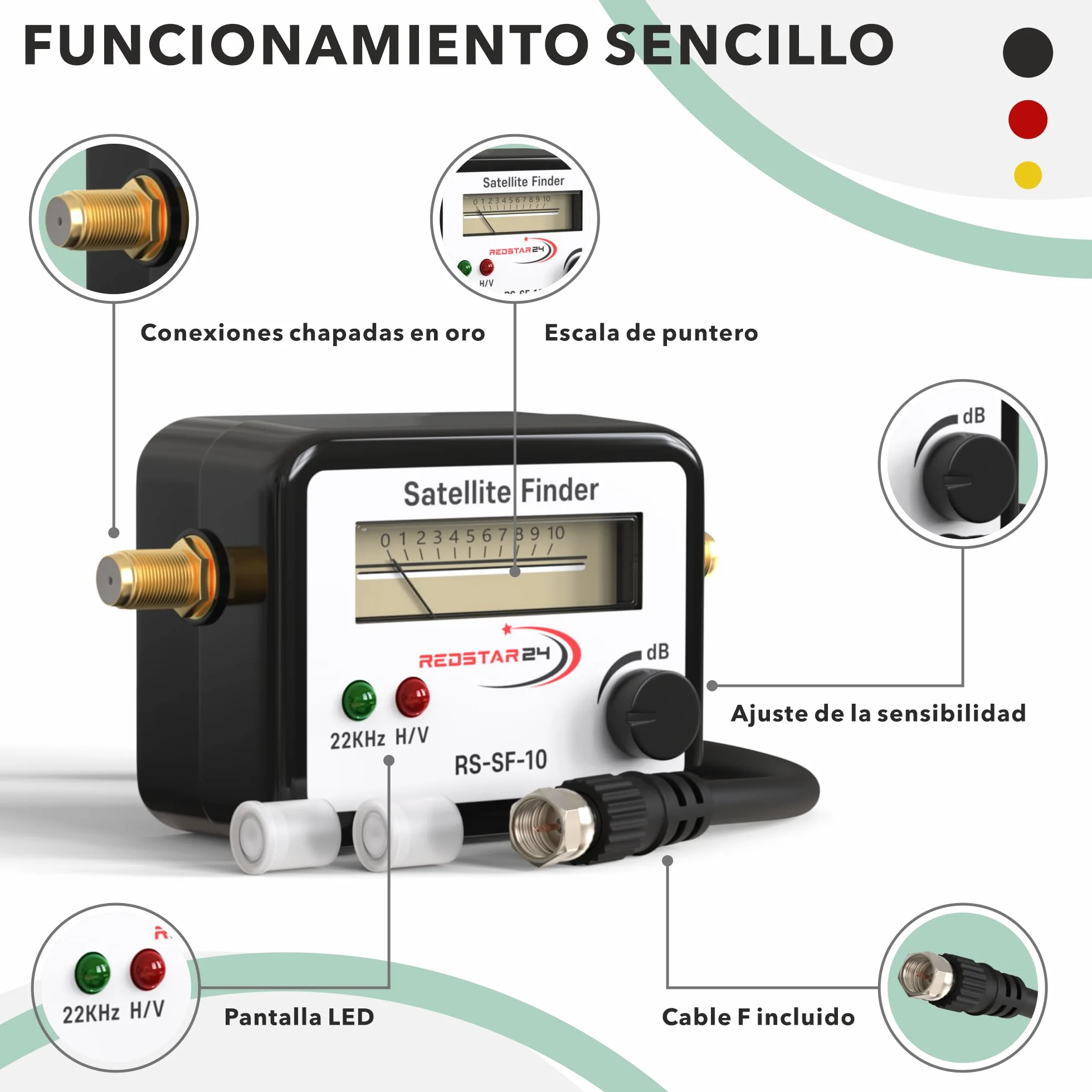 RedStar24 Satfinder | Medidor de señal SAT con audio y cable de conexión F para ajustar su antena de satélite digital | Localizador de satélites digital