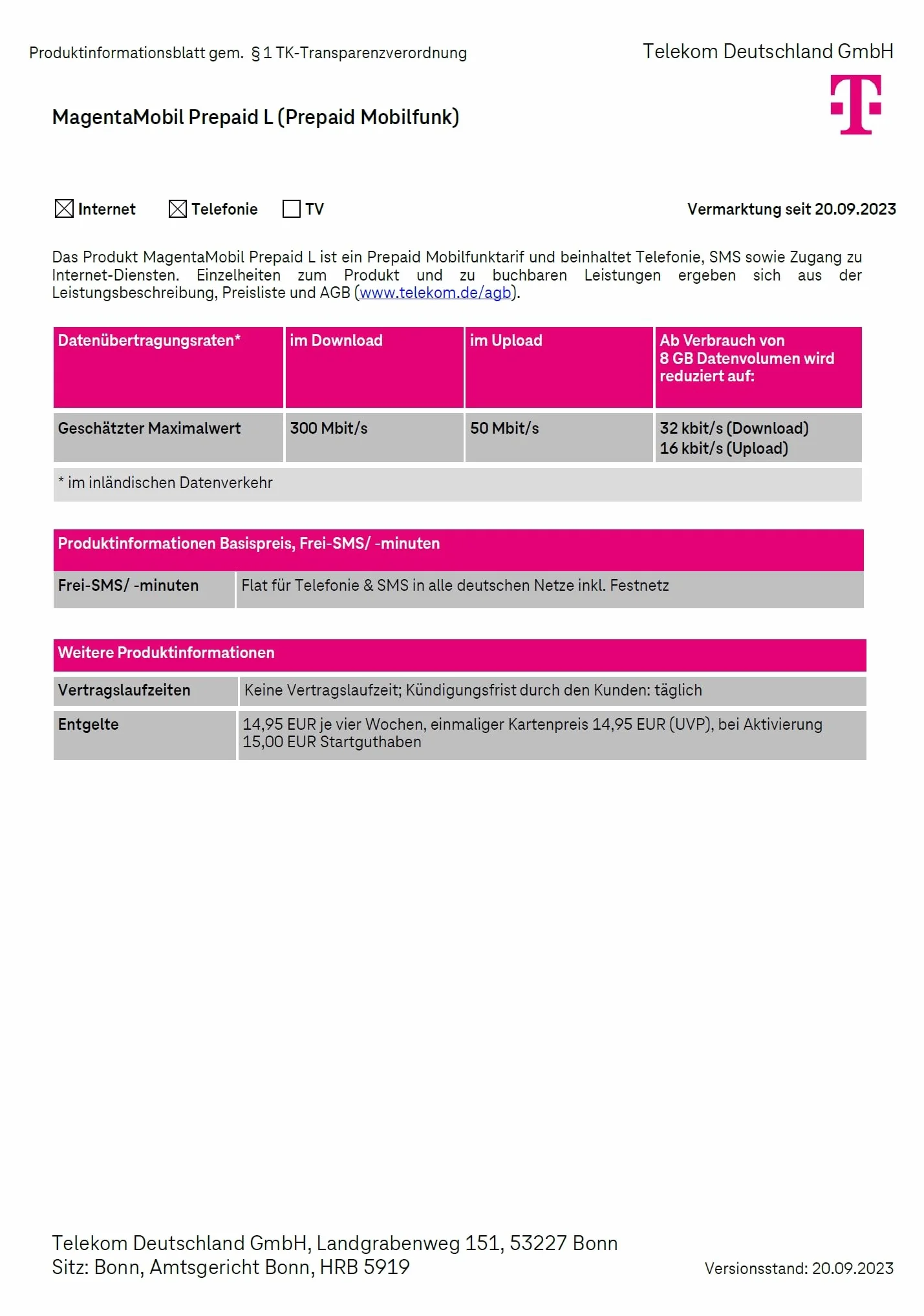 Telekom MagentaMobil Prepaid L 8GB Tarjeta SIM sin Contrato Allnet Flat 5G/LTE MAX Hotspot Flat