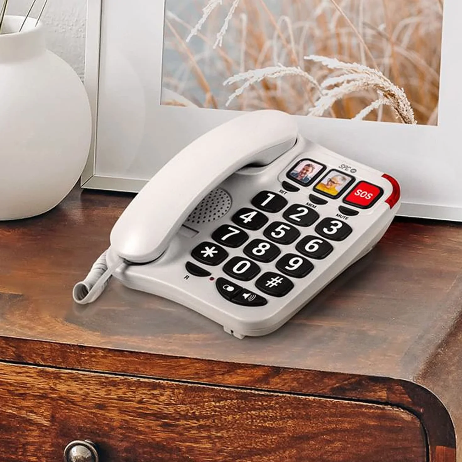 SPC Comfort Numbers 2 Teléfono Fijo Mayores Teclas Grandes 3 Memorias Foto Volumen Alto Audífonos Señal Luminosa Blanco