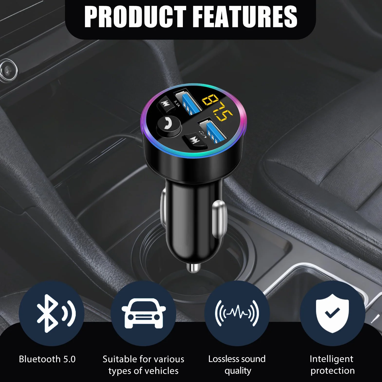 Bluetooth Coche, Transmisor FM para Coche, Adaptador Bluetooth 5.0 para Coche, Adaptador de Audio MP3, Carga Rápida Transmisor FM Bluetoot Coche Manos, con Cargador Dual USB para Teléfono Móvil