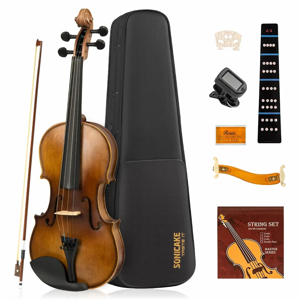 SONICAKE Violín 4/4 de Madera Maciza para Adultos Estuche Rígido, Soporte, Colofonia, Arcos, Afinador de Pinza y Cuerdas Extra QVL-01