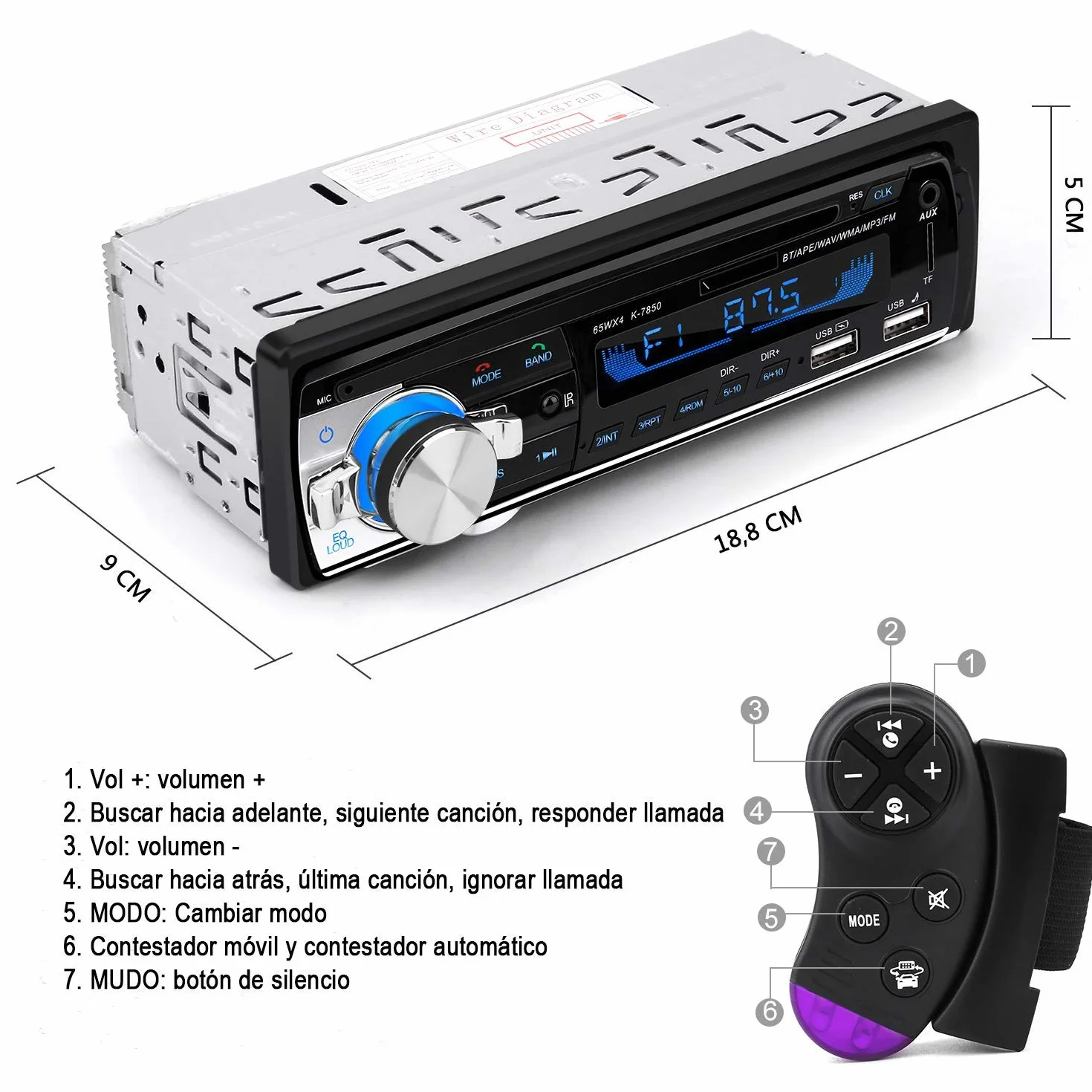 CENXINY Autoradio Bluetooth 5.0 FM Radio Coche Manos Libres Control Remoto Reproductor MP3 USB