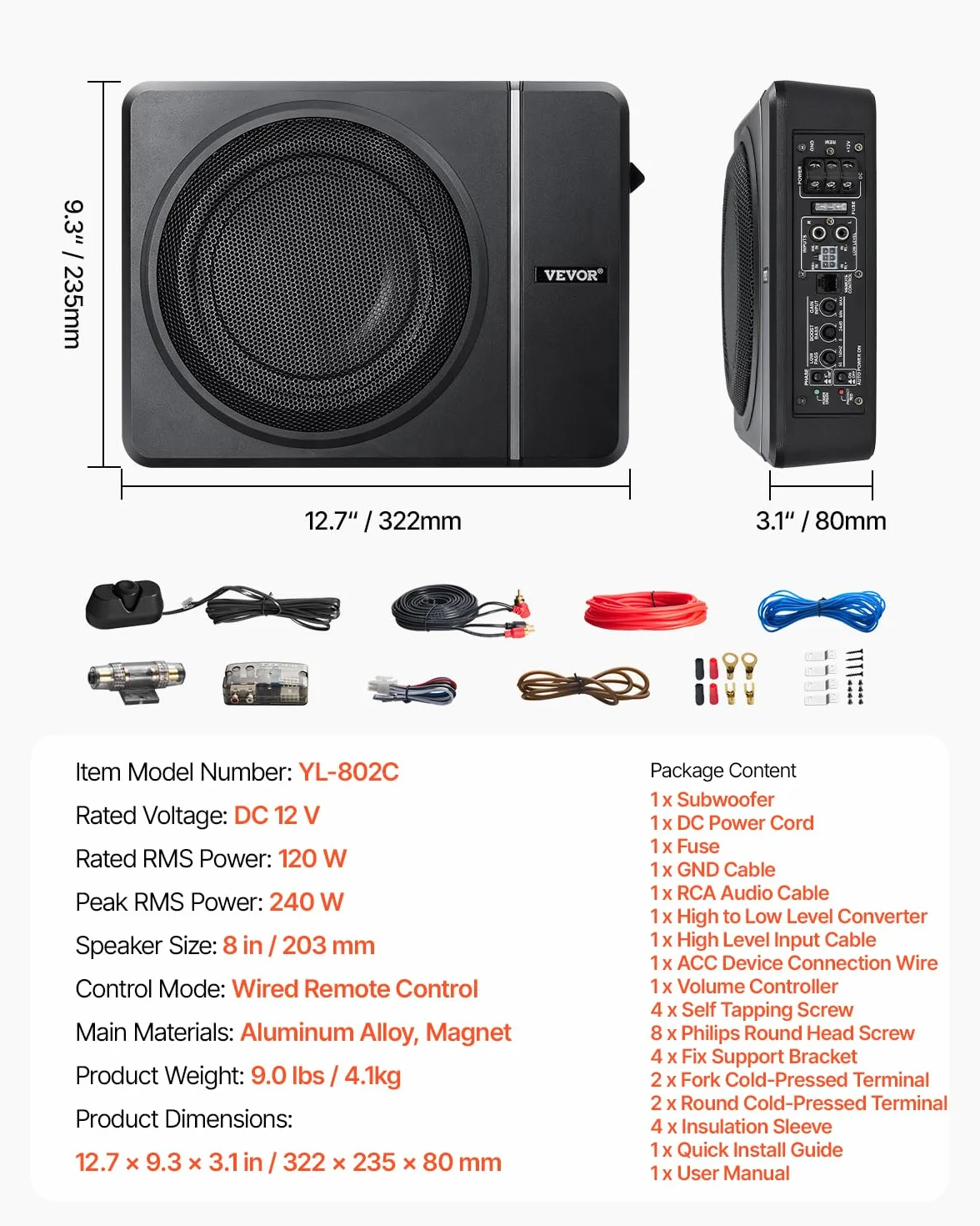 VEVOR Subwoofer para Debajo del Asiento 203mm 120W RMS Altavoz Compacto Amplificador Incorporado Control Remoto