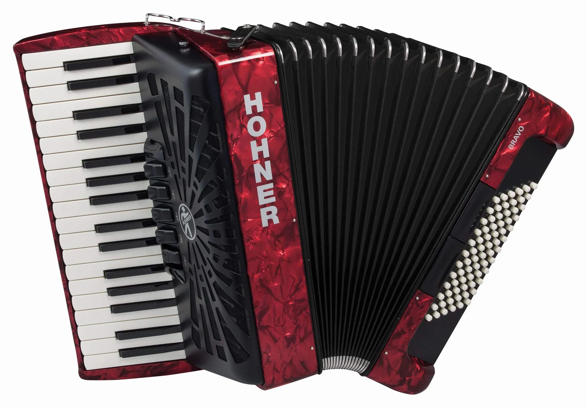 Hohner Bravo III 72 SilentKey - Acordeón (34 teclas de piano, 4 cordiales de bajos estándar, 72 bajos estándar, incluye correa de transporte y funda), color rojo
