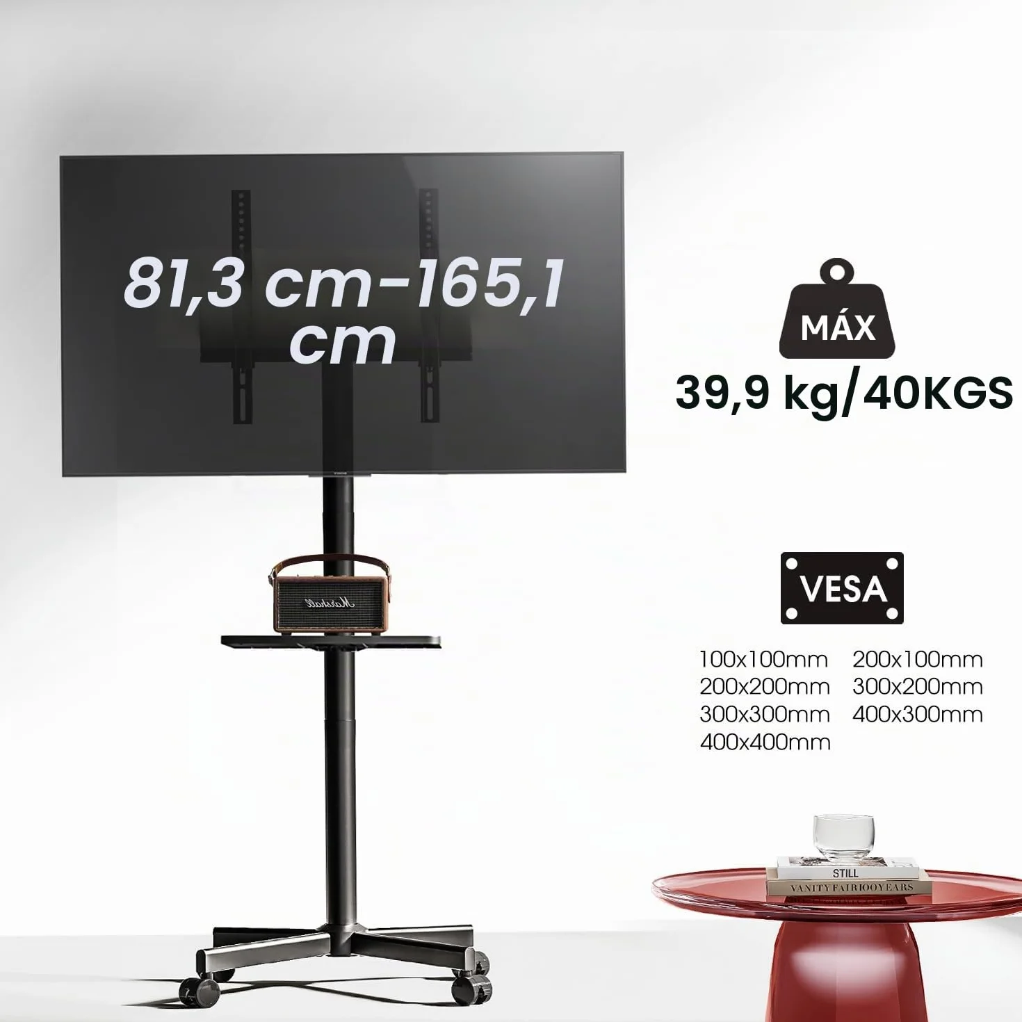 AOKCOS Soporte de TV móvil con ruedas para televisores de 32 a 65 pulgadas, carrito hasta 40 kg