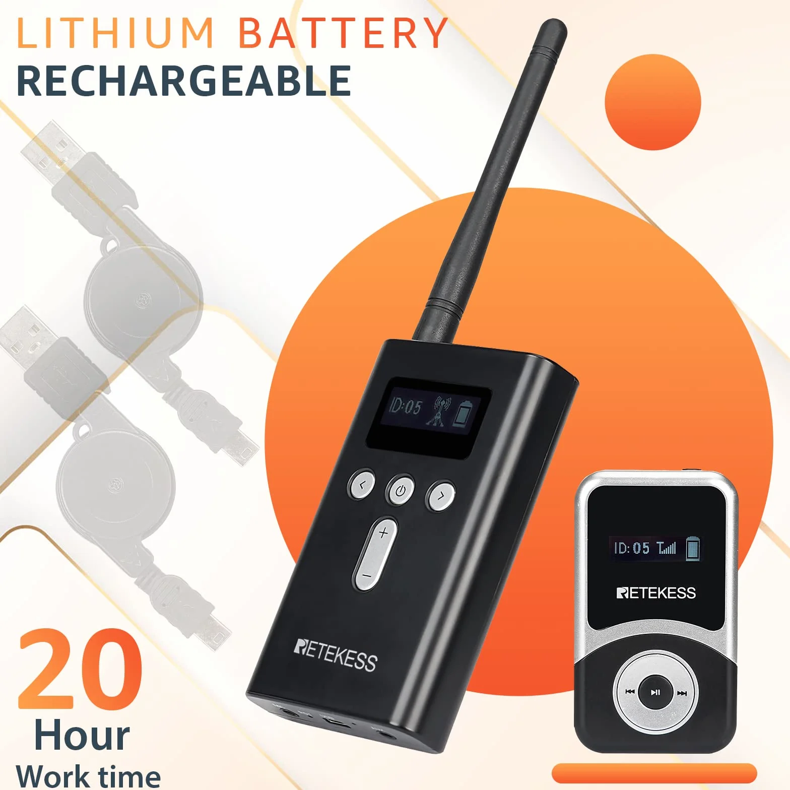 Retekess T130S Tour Guide System, Mejora Sistema de Audioguía Turística, 100m, 49 Canales, Auriculares D, Micrófono para Guía Turístico para Recorrido Fábrica, Turismo (1 Transmisor 5 Receptores)