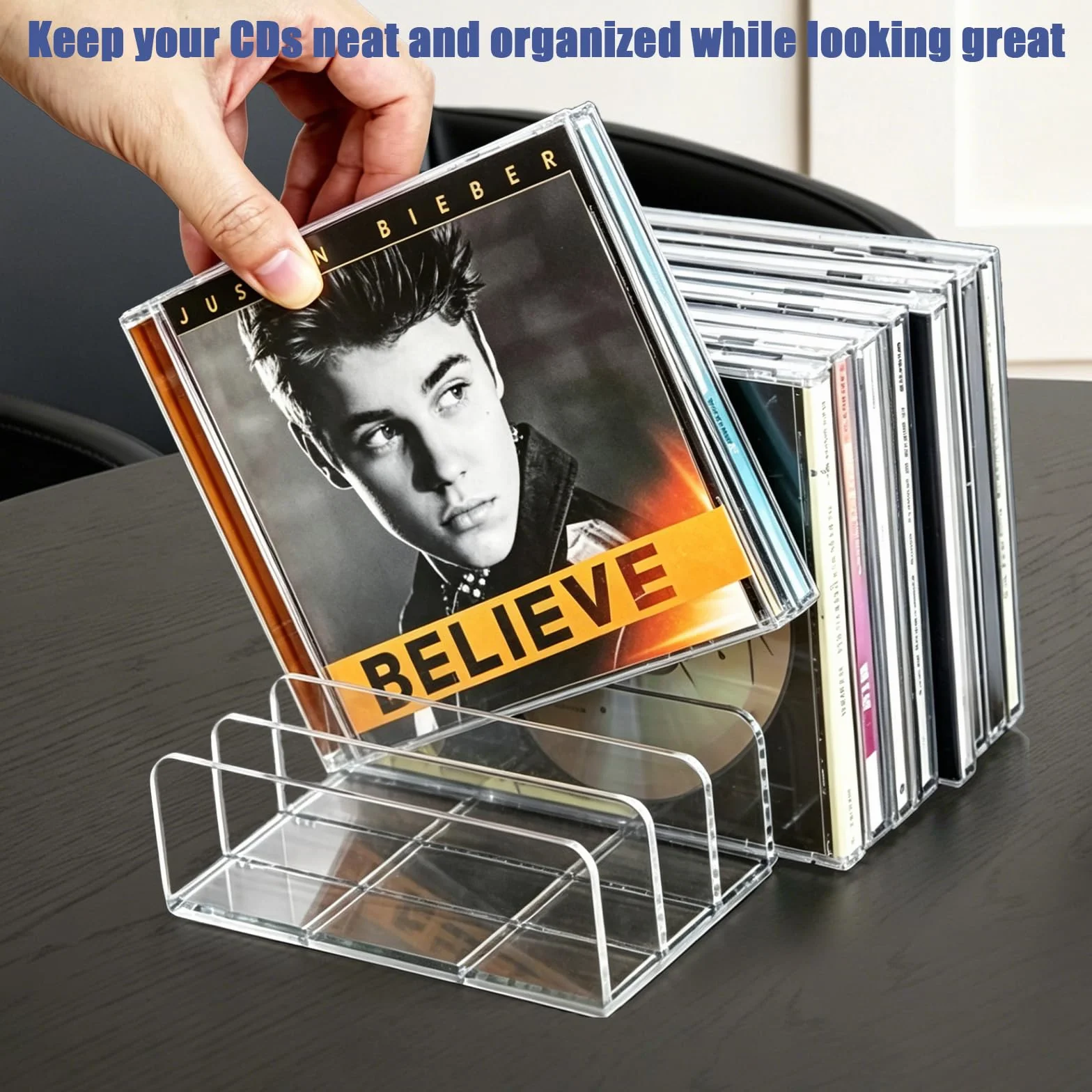 Organizador transparente para CD/DVD de acrílico – Conjunto de 4 piezas – Almacenamiento para CDs, DVDs, cintas, cintas de juegos y libros – Diseño elegante con soporte estable para una presentación
