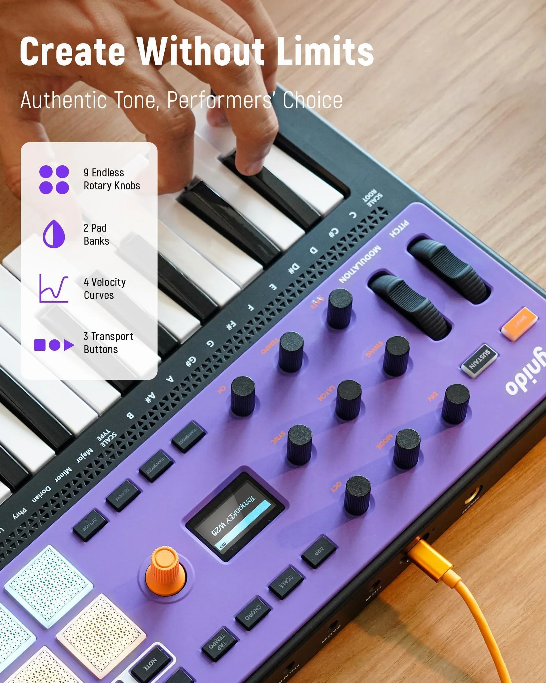 Synido TempoKEY W25 - Teclado controlador USB C MIDI de 25 teclas, conexión inalámbrica recargable con 8 almohadillas RGB de velocidad, pantalla OLED, entrada/salida/pasante, teclado MIDI profesional