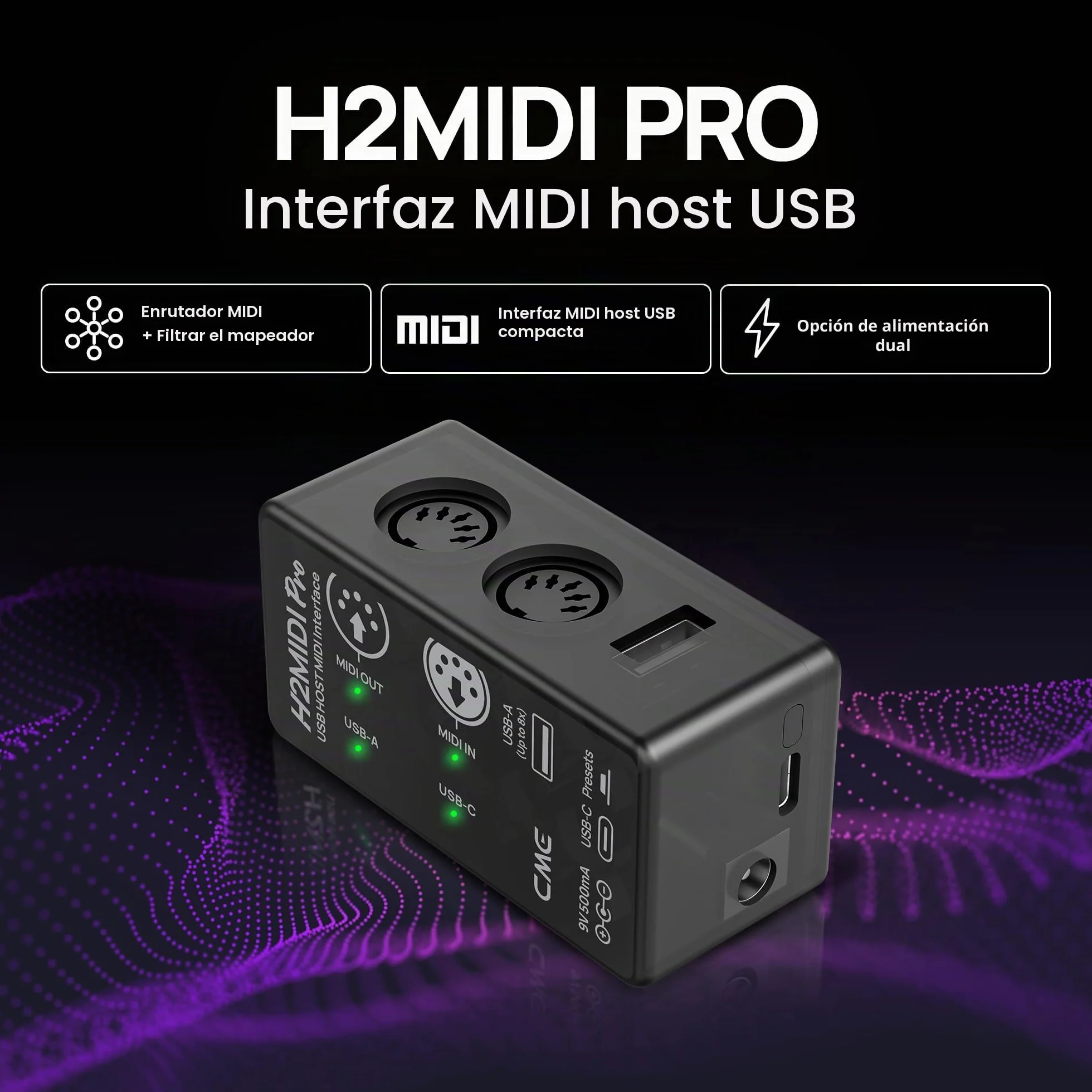 CME H2MIDI Pro - Interfaz MIDI USB Host compacta y versátil con router, filtro, mapper, procesador de 32 bits y doble fuente de alimentación para guitarristas y productores