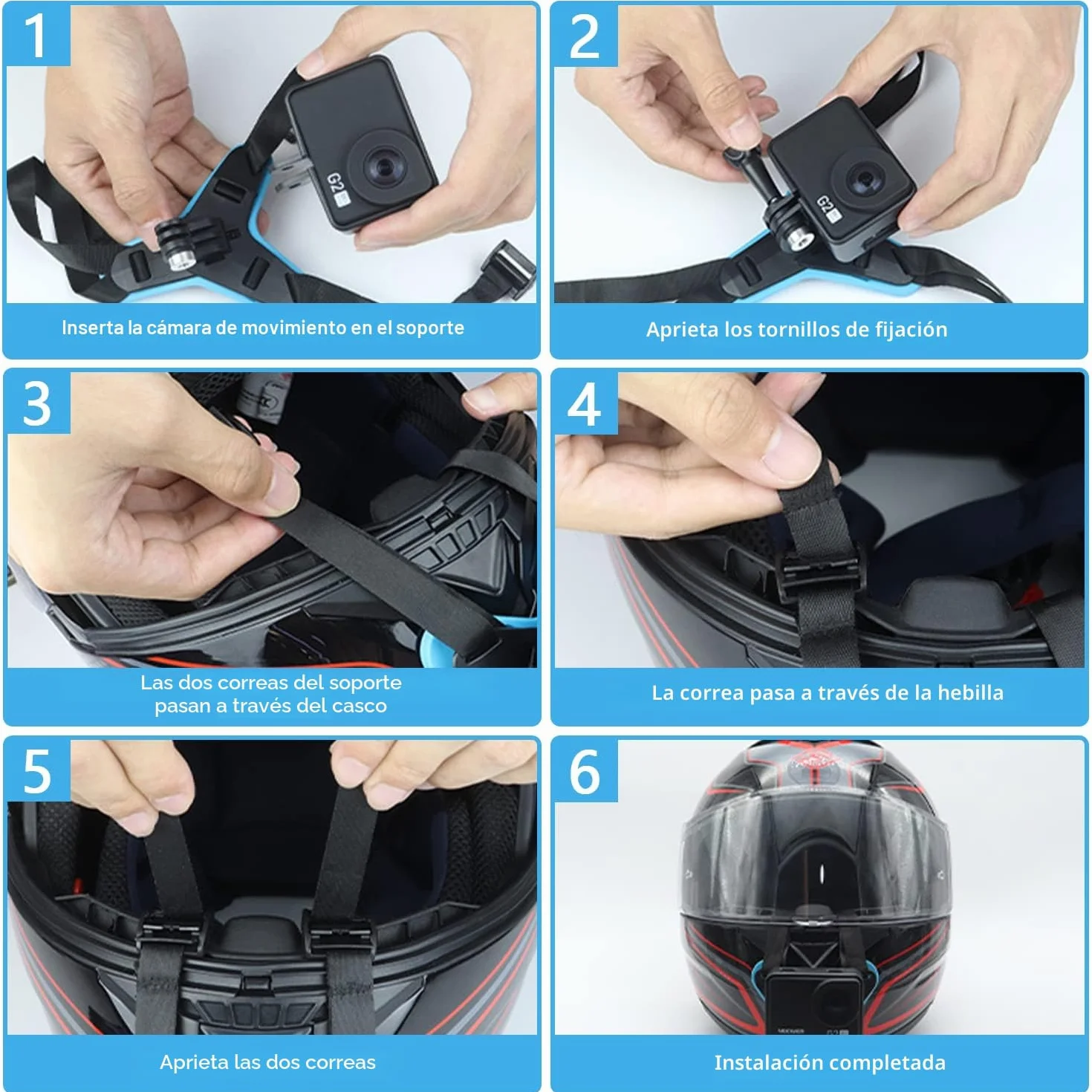 Soporte para Casco de Motocicleta, Soporte de Correa para Casco de Motocicleta, Ajustable, Soporte Camara Casco Moto Compatible con GoPro y la Mayoría de Cámaras de Acción
