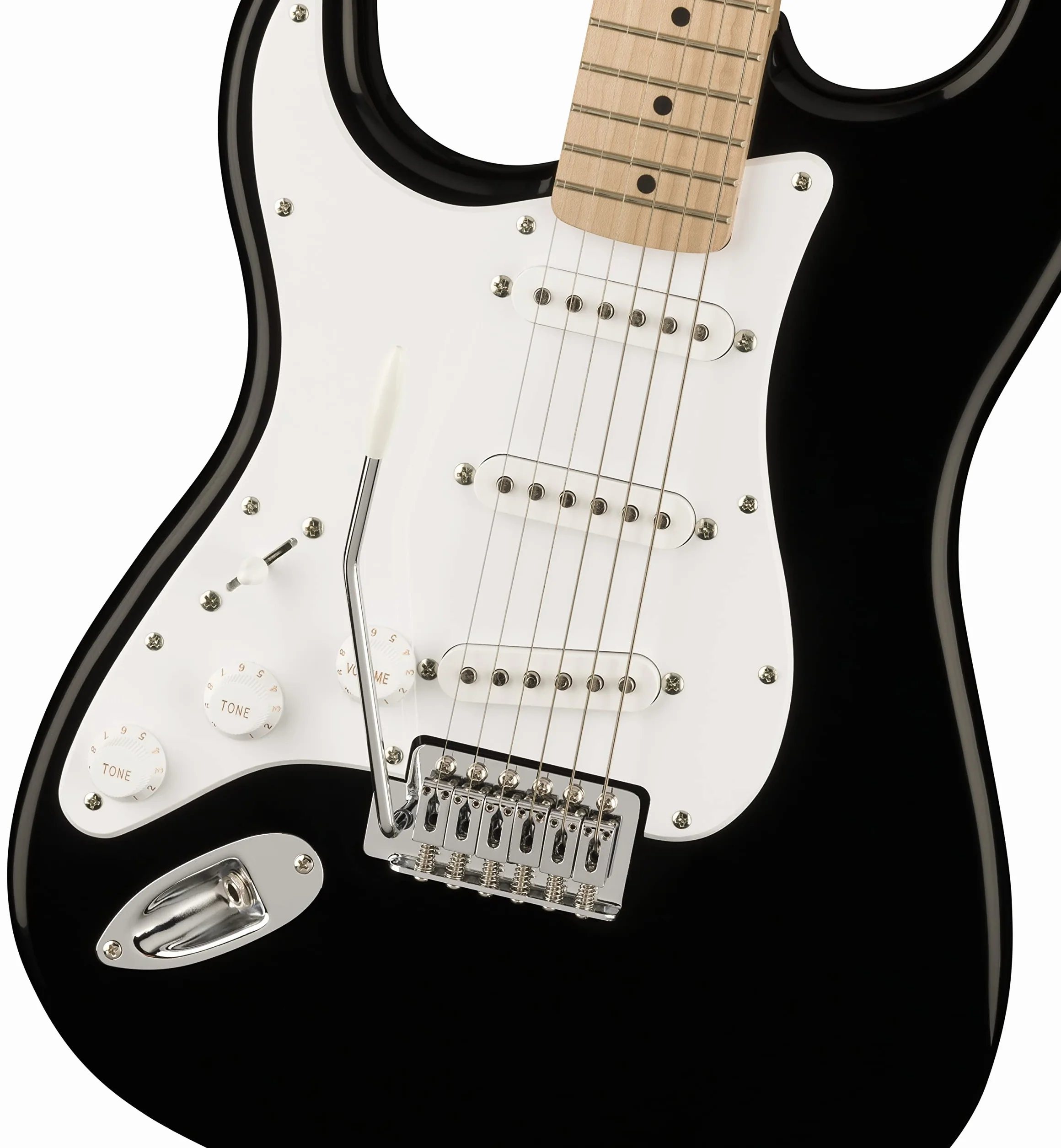 Squier by Fender Sonic Stratocaster Guitarra Eléctrica para Zurdos, Diapasón de Arce, Golpeador Blanco, Negro
