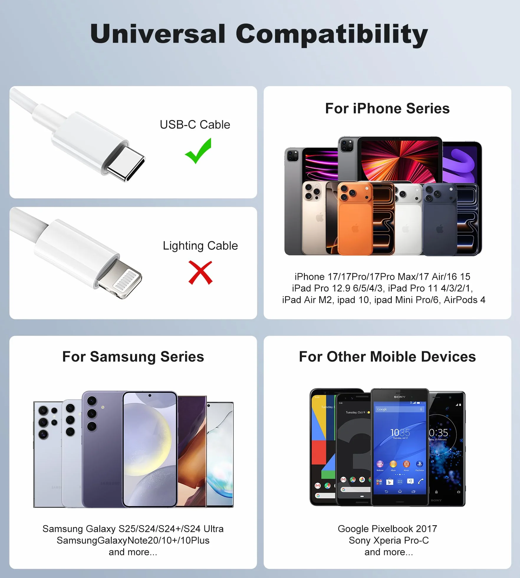 45W Cargador USB C para iPhone 17 16 15 Pro Max Plus Air, Samsung Galaxy S25 S24 S23, Carga Rápida con Cable 2M