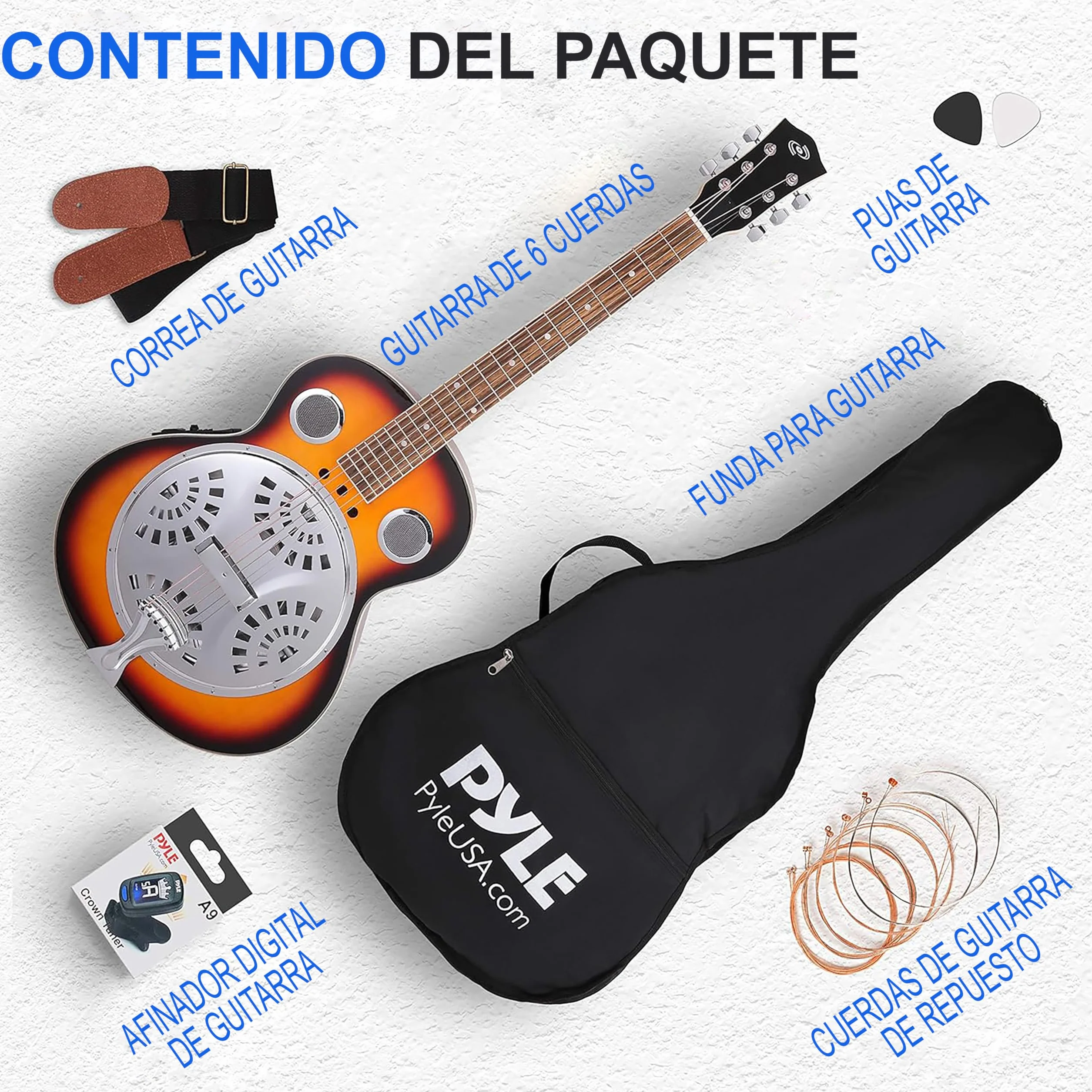 Pyle guitarra electrica, Resonador tradicional, 6 cuerdas, Preamplificador incorporado, Accesorios