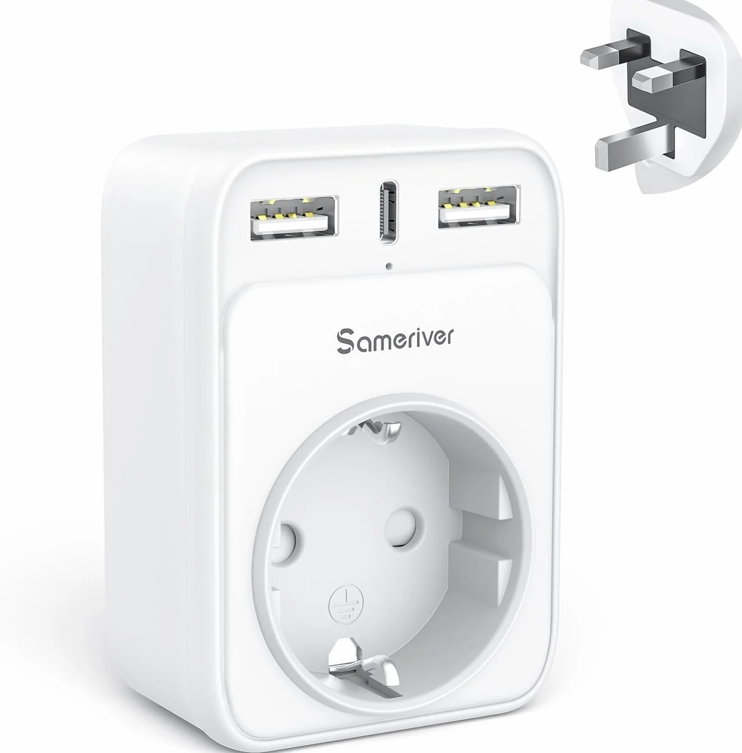 Sameriver Adaptador Enchufe Ingles UK Inglaterra Adaptador de Viaje con 2USB y Tipo C, Español 2 Patas Europa hacia 3 Patas Reino Unido RU para Irlanda Escocia Britanico Maldivas (Tipo G) Blanco