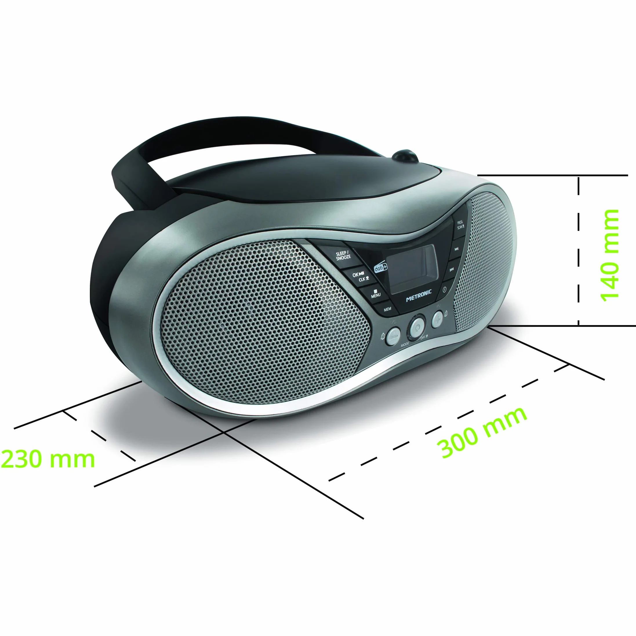 Metronic Radio CD portátil con USB MP3 FM RDS DAB+ entrada audio salida auricular doble alarma gris negro