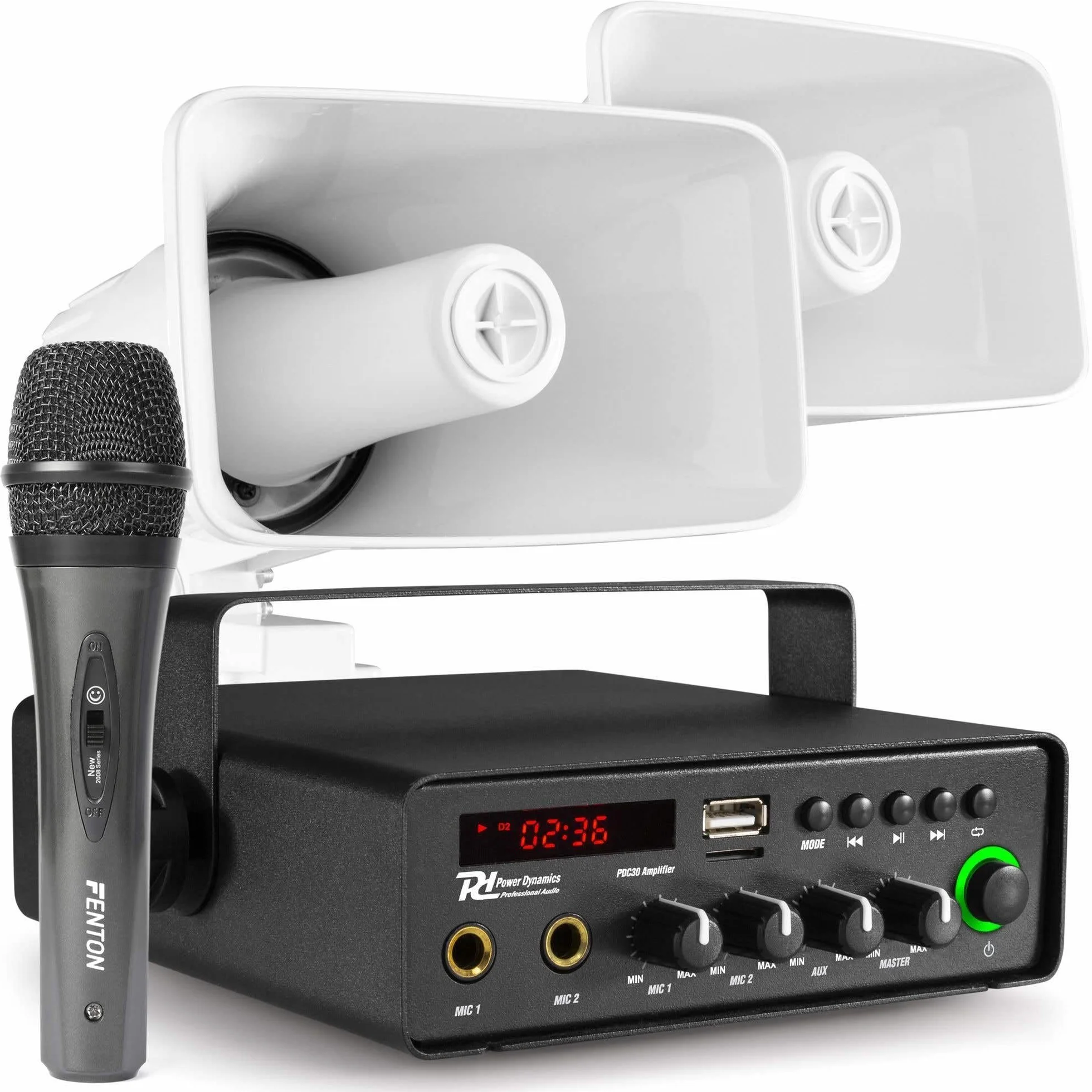 Power Dynamics - Sistema de Megafonía para Coche PDC30 de 30W, Altavoces Bocina CH300, Amplificador con Bluetooth, USB y SD, Micrófono Incluido, 12V y 230V, Resistente al Agua, IPX6