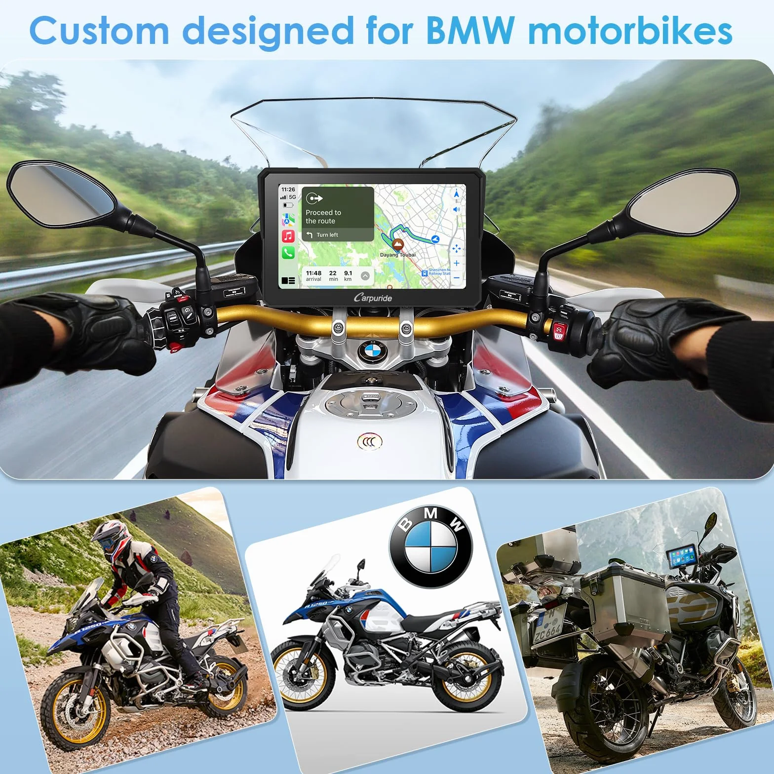 Carpuride W702B - Pantalla GPS Carplay para Motocicleta con Soporte Personalizado para BMW Motorbike, Inalámbrico CarPlay y Android Auto, Portátil 7 Pulgadas Impermeable Táctil Pantalla, Bluetooth