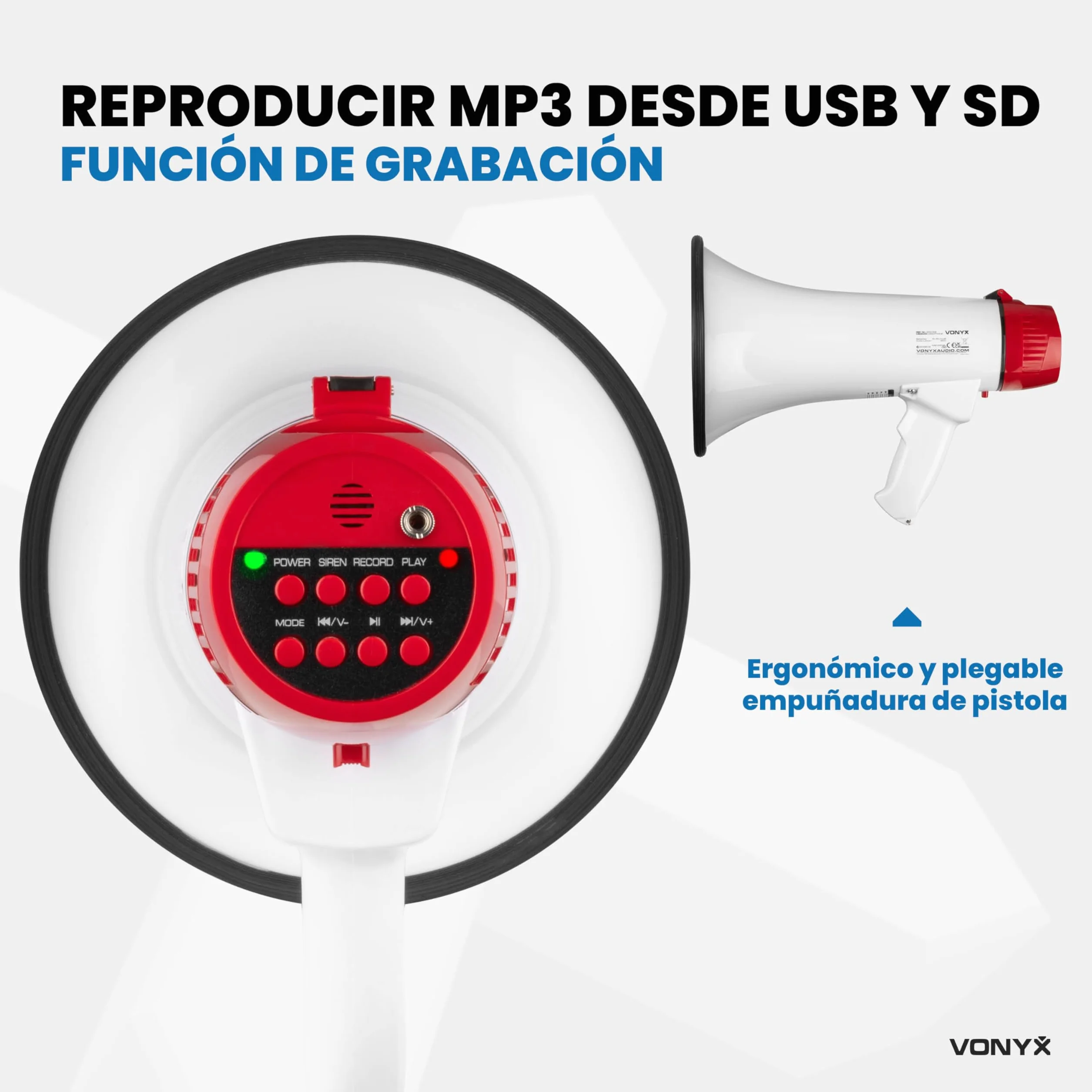 Vonyx MEG045 Megáfono Bluetooth de 45W, megáfono portátil con 1000m de Alcance, micrófono CB, Incluye función de grabación Digital, entradas USB/MicroSD/AUX, Sirena y batería Recargable