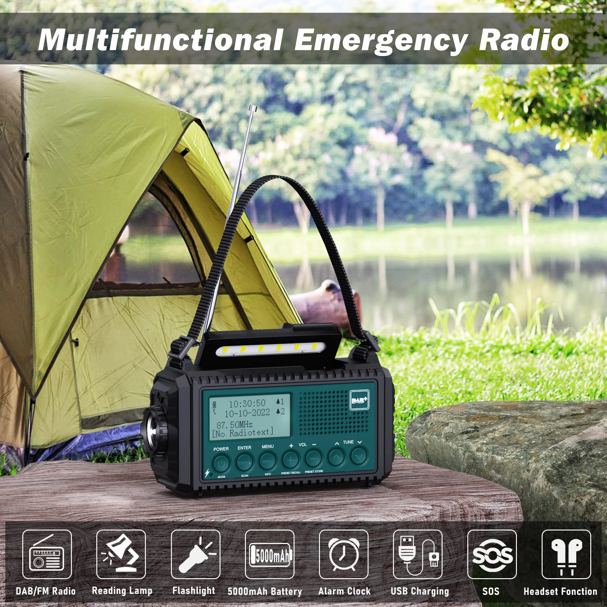 Radio de Manivela Dab+/Dab/FM con Batería Recargable 5000 mAh, Linterna y Carga USB, Alarma SOS