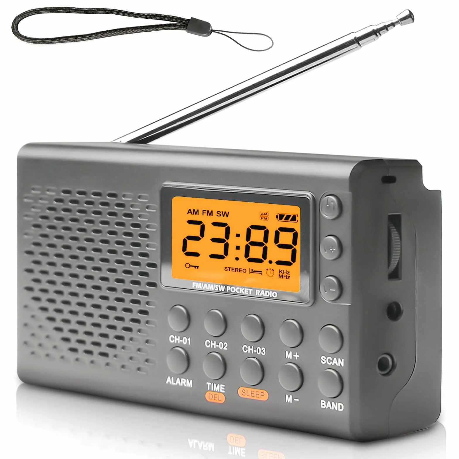 radio portátil, AM, FM, SW con pantalla LCD, pilas, altavoz integrado, alarma, temporizador de sueño, conexión para auriculares, cocina, 35 ajustes preestablecidos