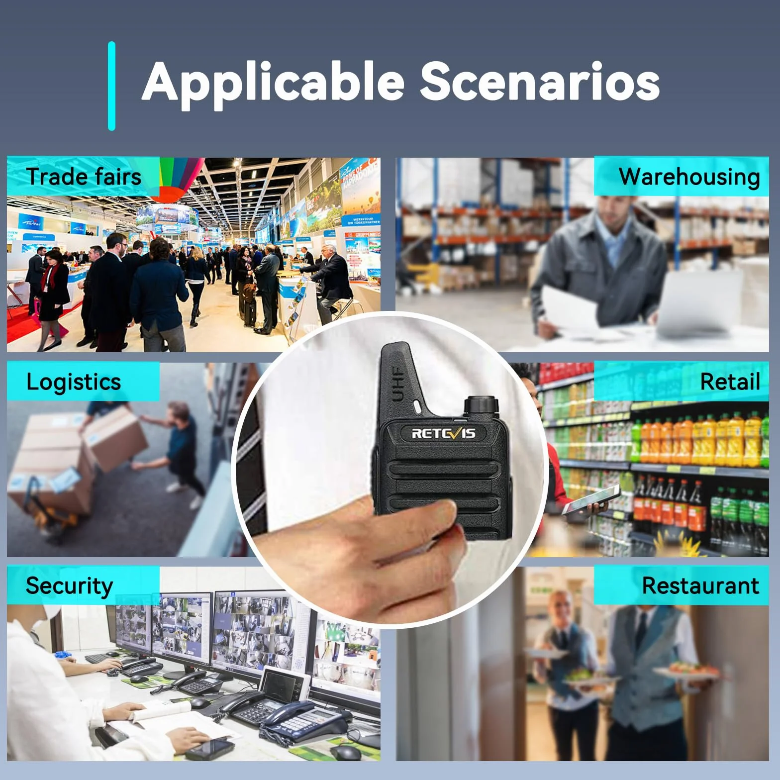 Retevis RT622 Walkie Talkie Profesional, PMR446 Mini Walkie Talkies Recargable, Squelch VOX, Alarma de Emergencia, Portátil Walkie Talkie Largo Alcance para Restaurante (Negro, 10 Piezas)