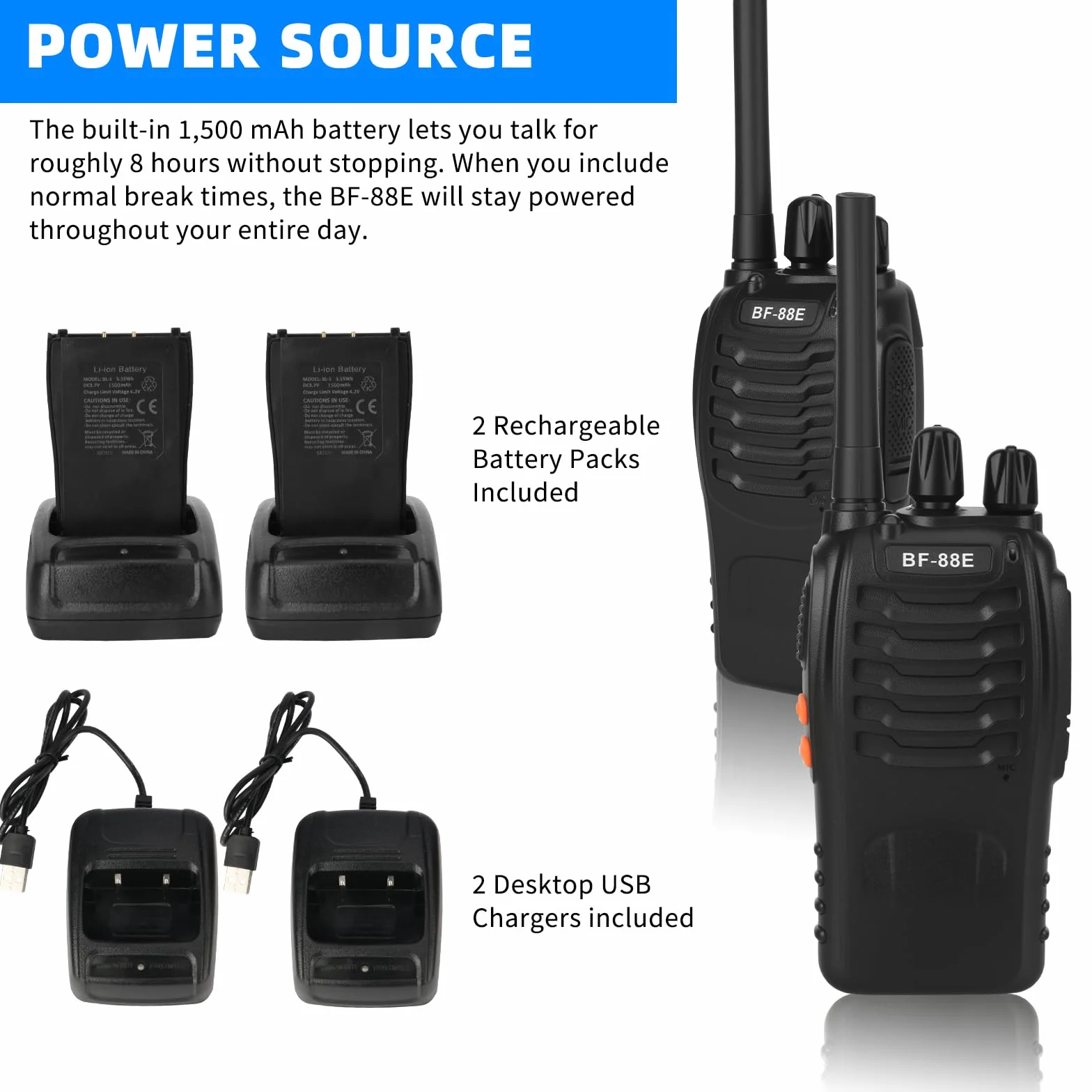 Walkie Talkie Profesionales, USB Recargables 1500mAh, 16 Canales CTCSS DCS, PMR 446 Radiocomunicación con el Auricular Incorporado Antorcha de LED, VOX - 1 Pare Negro BF-88E