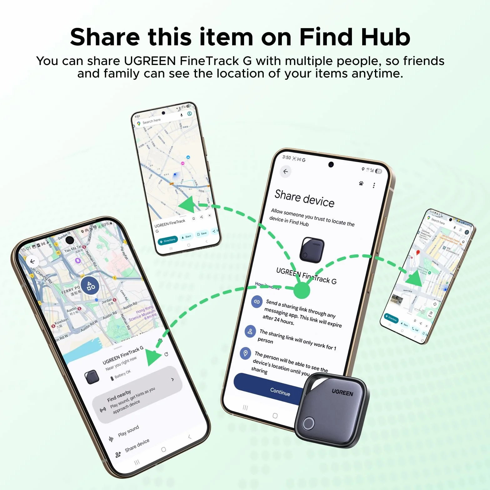 UGREEN FineTrack G Smart Finder Solo Android Localizador USB C Carga Rastreador Compatible con Google Find Hub para Cartera Llaves Equipaje Maleta, 1 Años de Batería(4 Piezas)