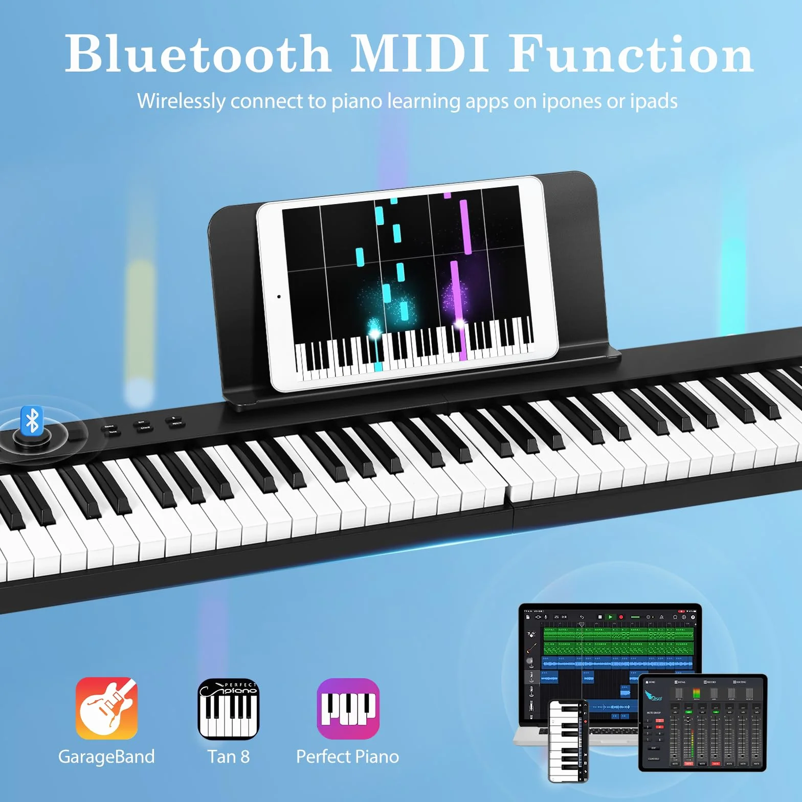 Teclado de Piano de 88 Teclas, Plegable Pianos digitales portátil, Digital Piano con teclas semi-ponderadas de tamaño completo para Principiantes, Teclado de Piano Digital Bluetooth