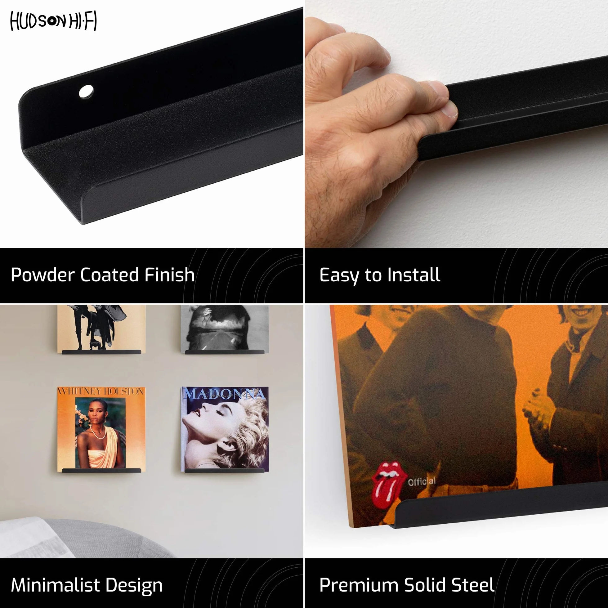 Hudson Hi-Fi Estantes de pared de vinilo LP para grabar – Muestra tu escucha diaria con estilo – negro satinado – Paquete de seis