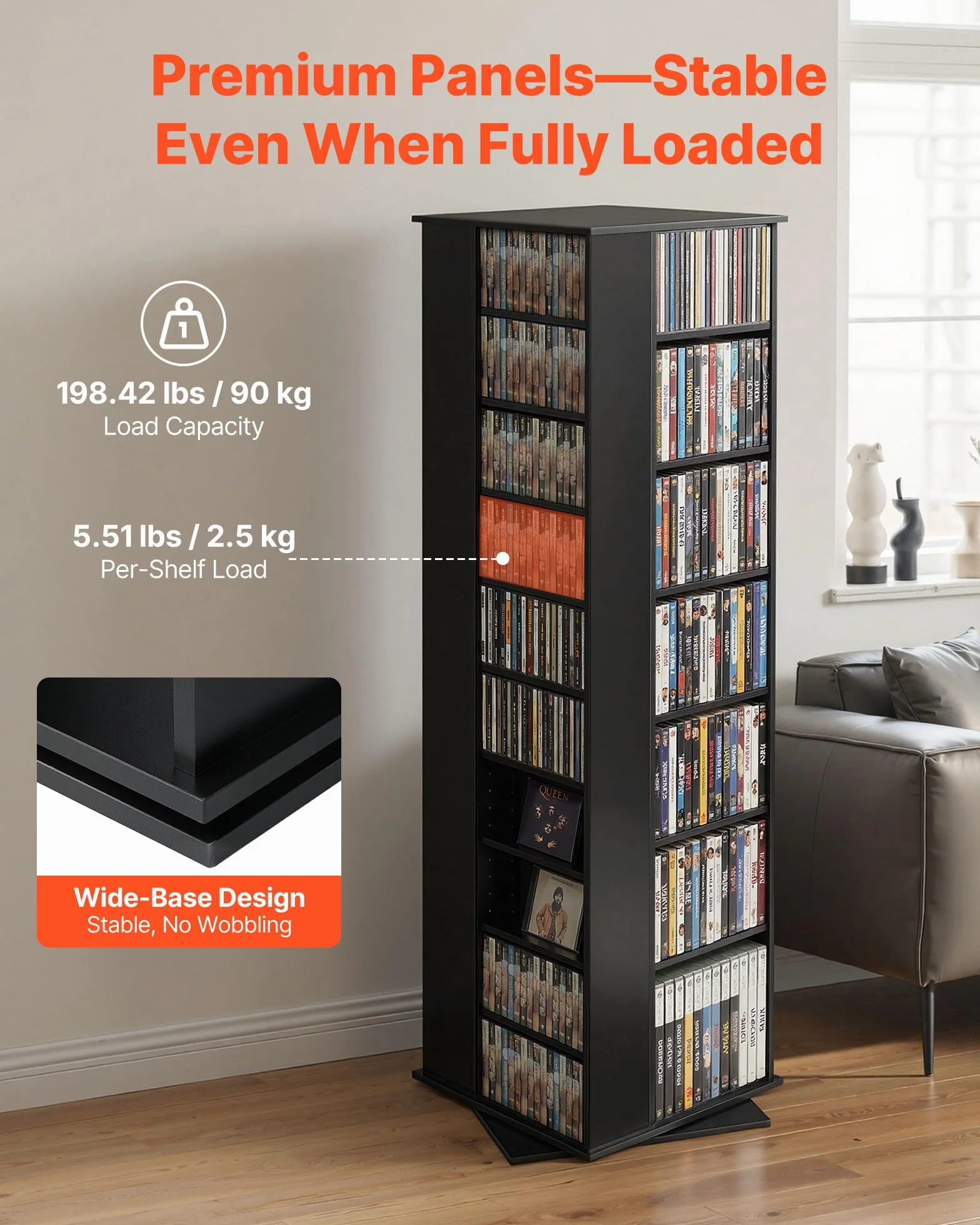 VEVOR Mueble de Almacenamiento Multimedia, Torre para CD, 34 Compartimentos, Giratorio, para CD, DVD, Libros y Discos de Juegos, Ideal para Sala de Estar, Oficina en Casa, Sala de Grabación, Negro