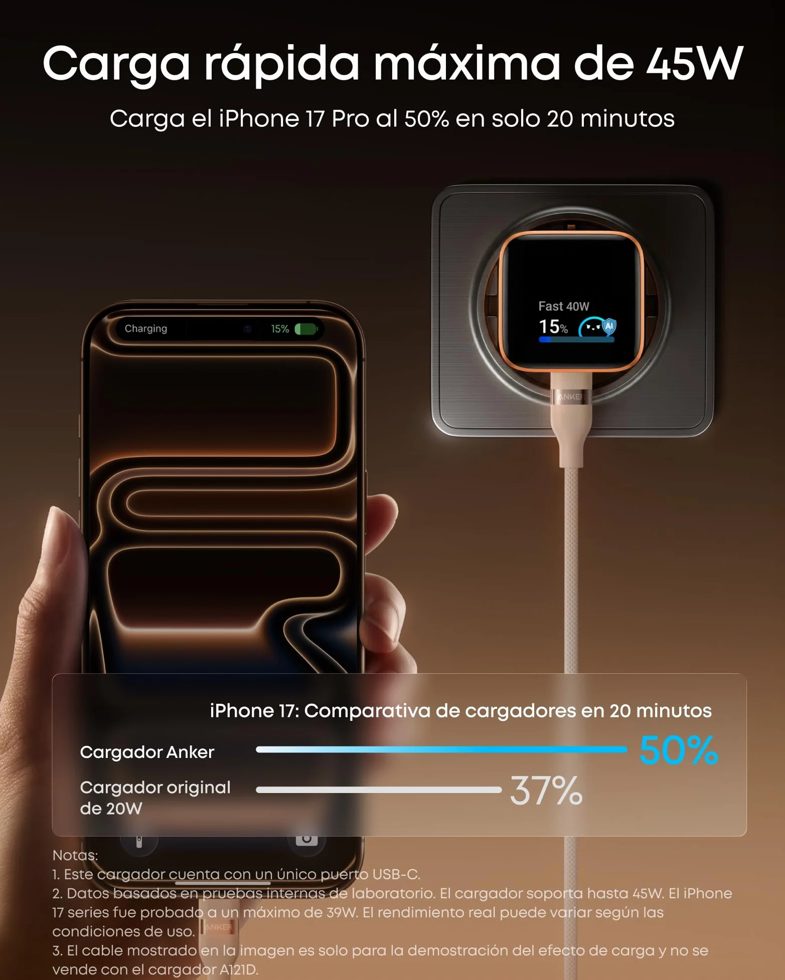 Anker Nano Cargador USB C 45W Inteligente, Carga Rápida para iPhone 17/16/15, iPad Pro, iPad Air