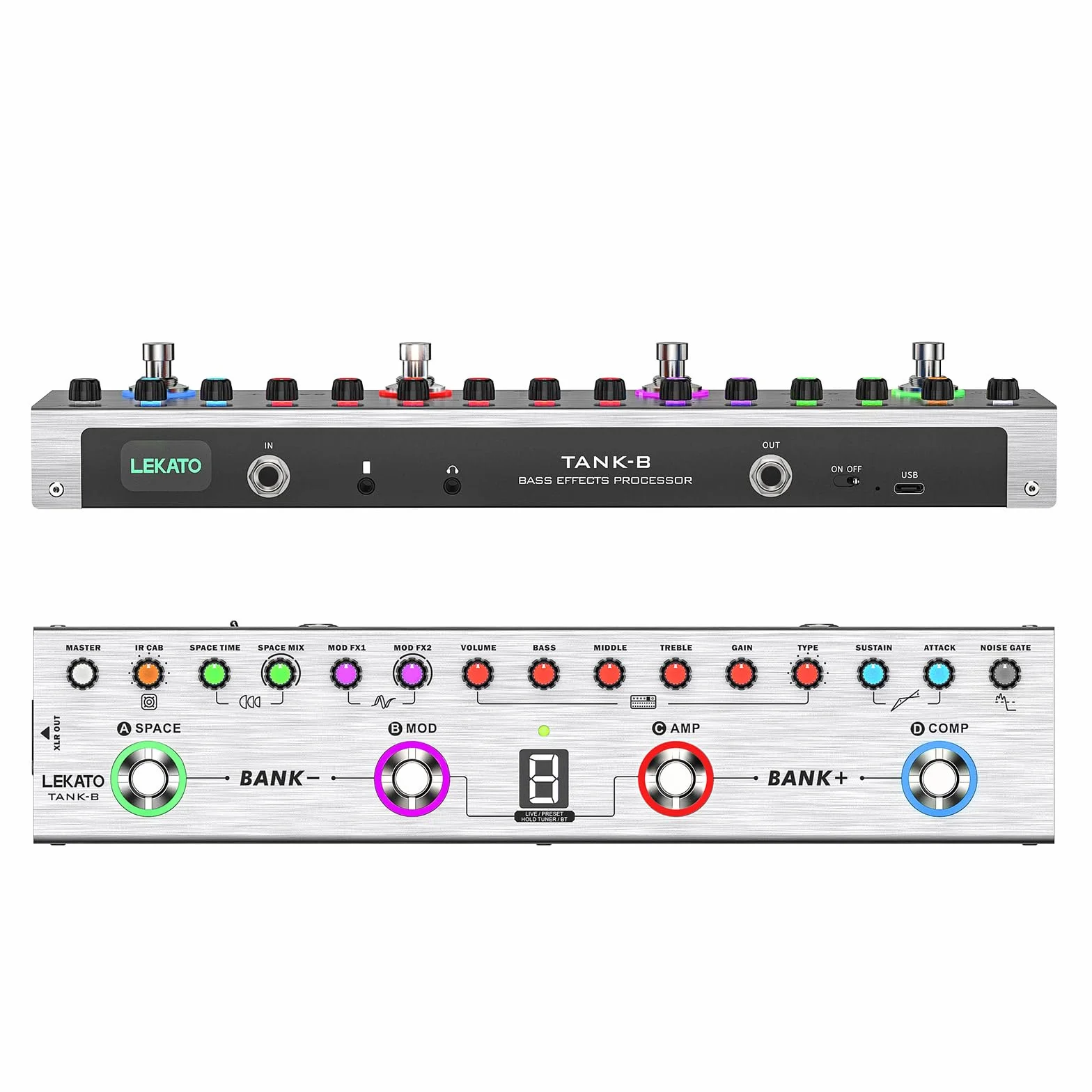 LEKATO Pedal Multi Efectos para Bajo con 36 Presets editables,Compresor,Space,MOD,Reverb,Carga IR,Grabación,Afinador,Batería incorporada,Conexión BT (Bajo)